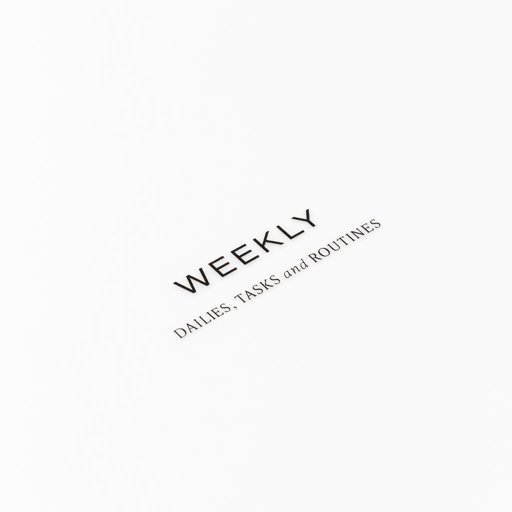 Closeup of text reading "weekly | dailies, tasks, and routines"