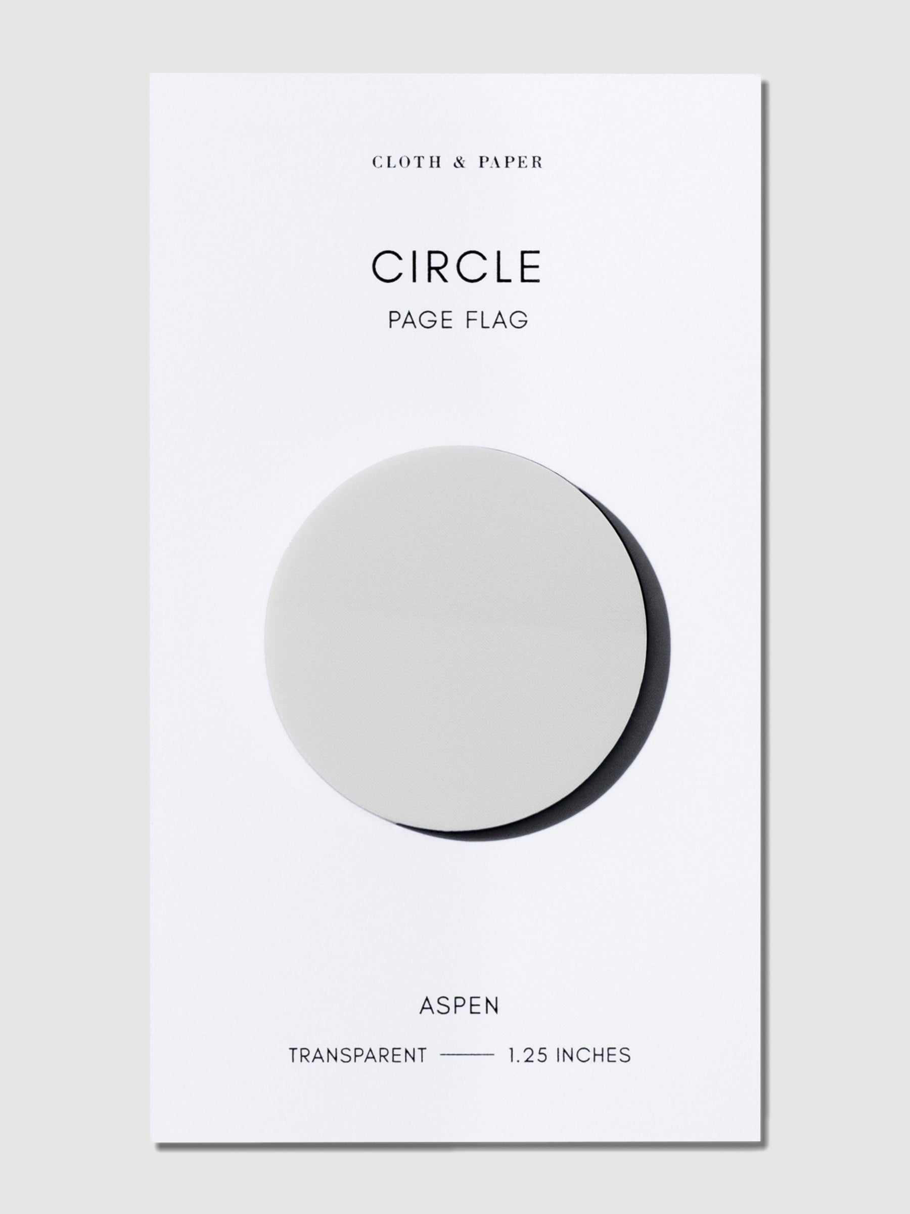Circle Page Flag, Aspen, Cloth and Paper. Page flag shown on its backing on a neutral background.