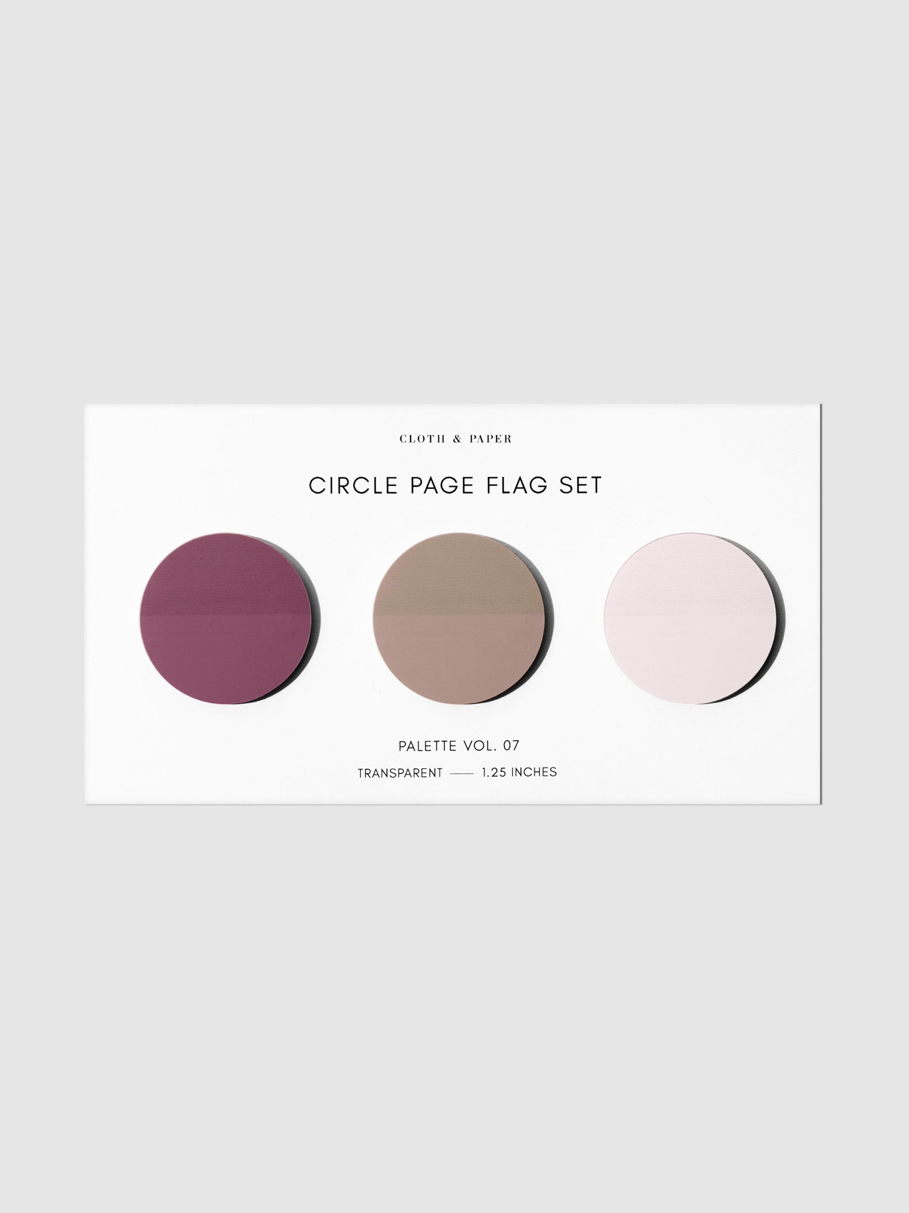 Page flags on their backing on a neutral background. Pictured is color set Volume 07.