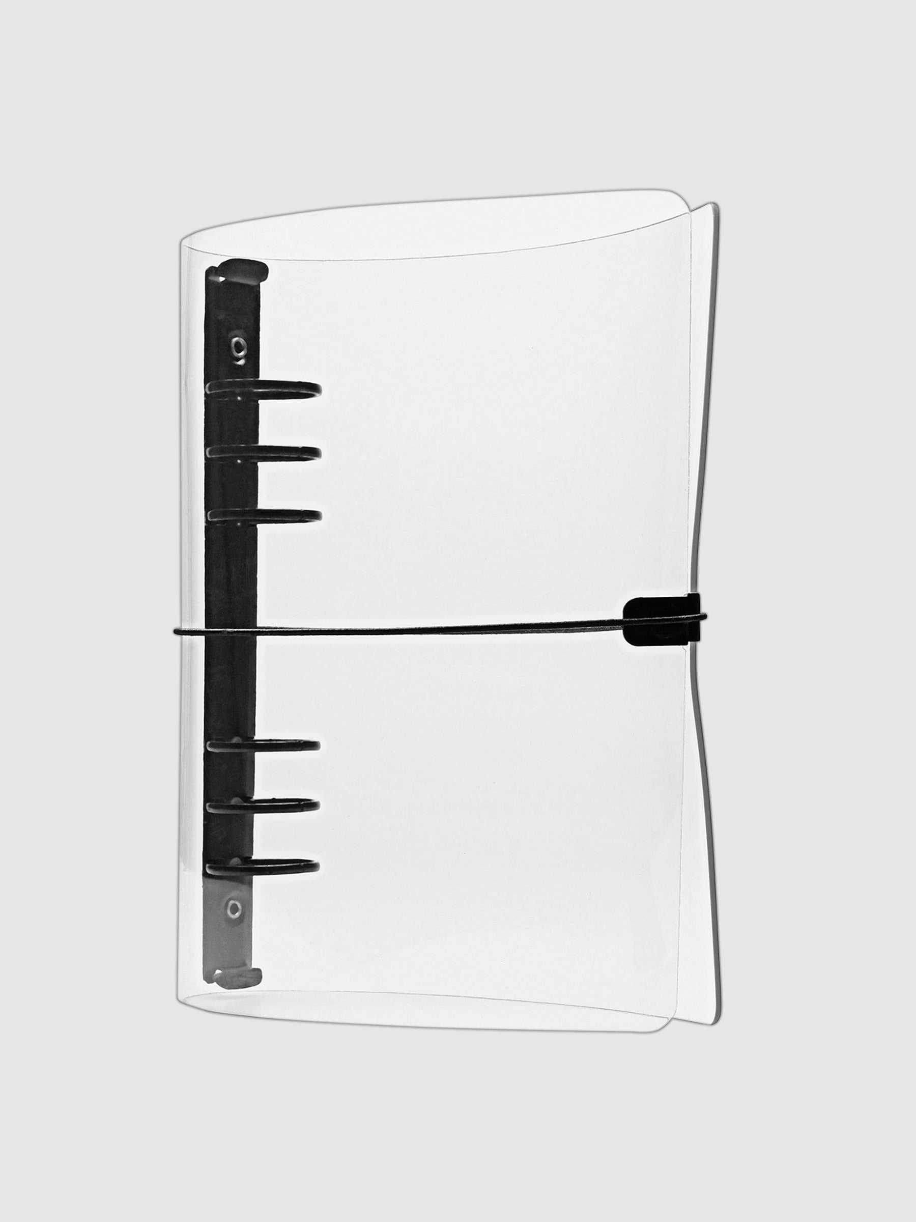 Clear vinyl 6 ring agenda in size A5 with black bungee closure shown closed on a neutral background.
