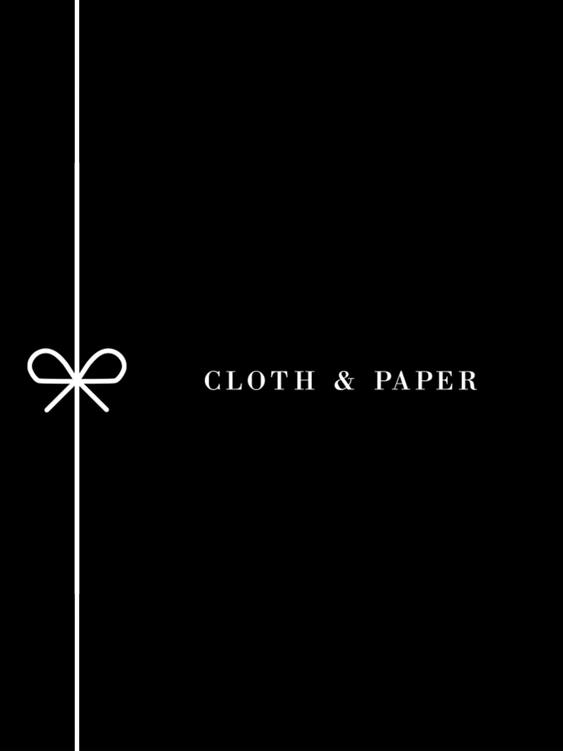 Cloth and Paper Gift Card. Cloth and Paper logo displayed in white text on a black background. There is a vertical bow design to the left.