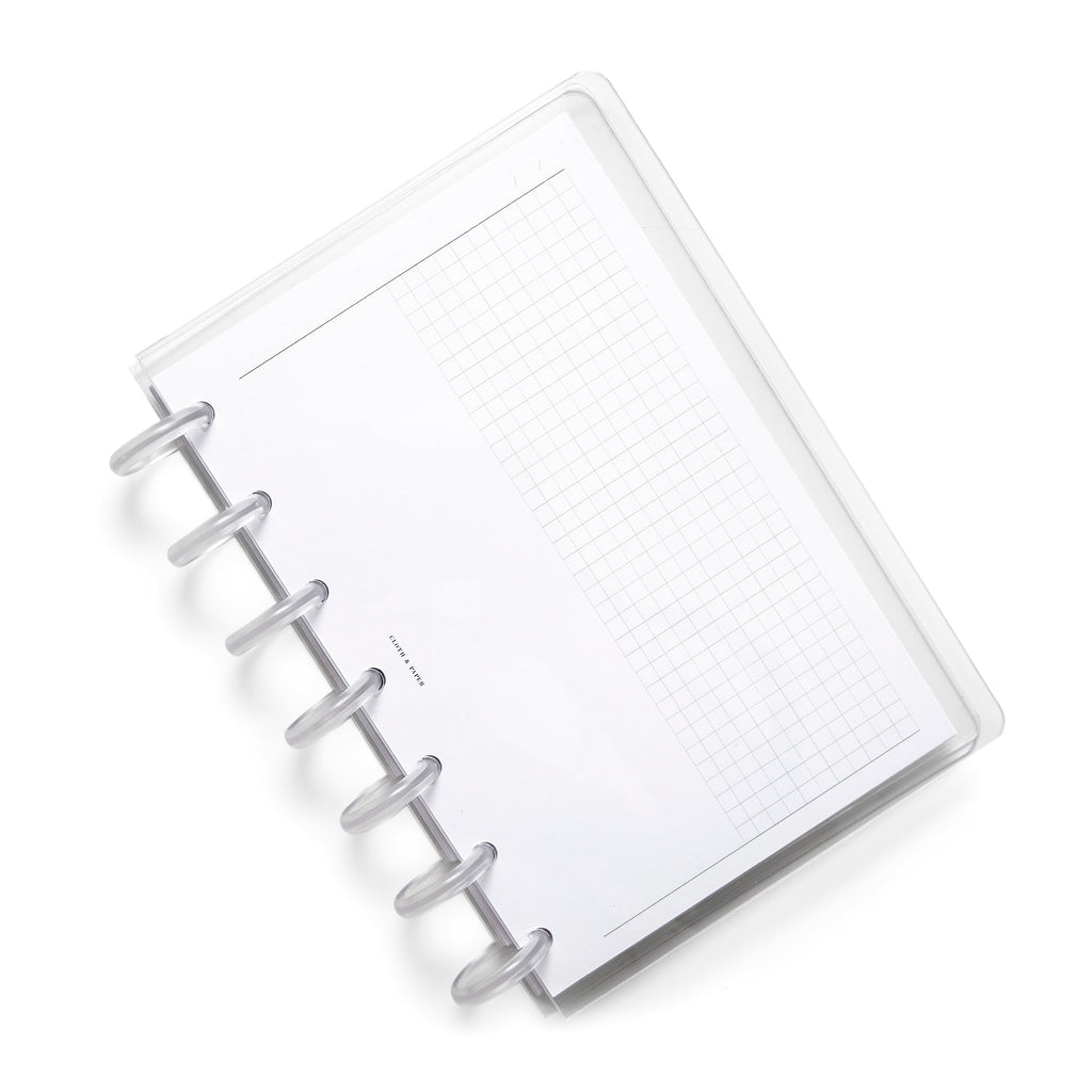 Crystal Clear Discbound Notebook Cover, HP Mini, Cloth and Paper. Notebook covers in use with clear rings and an insert.