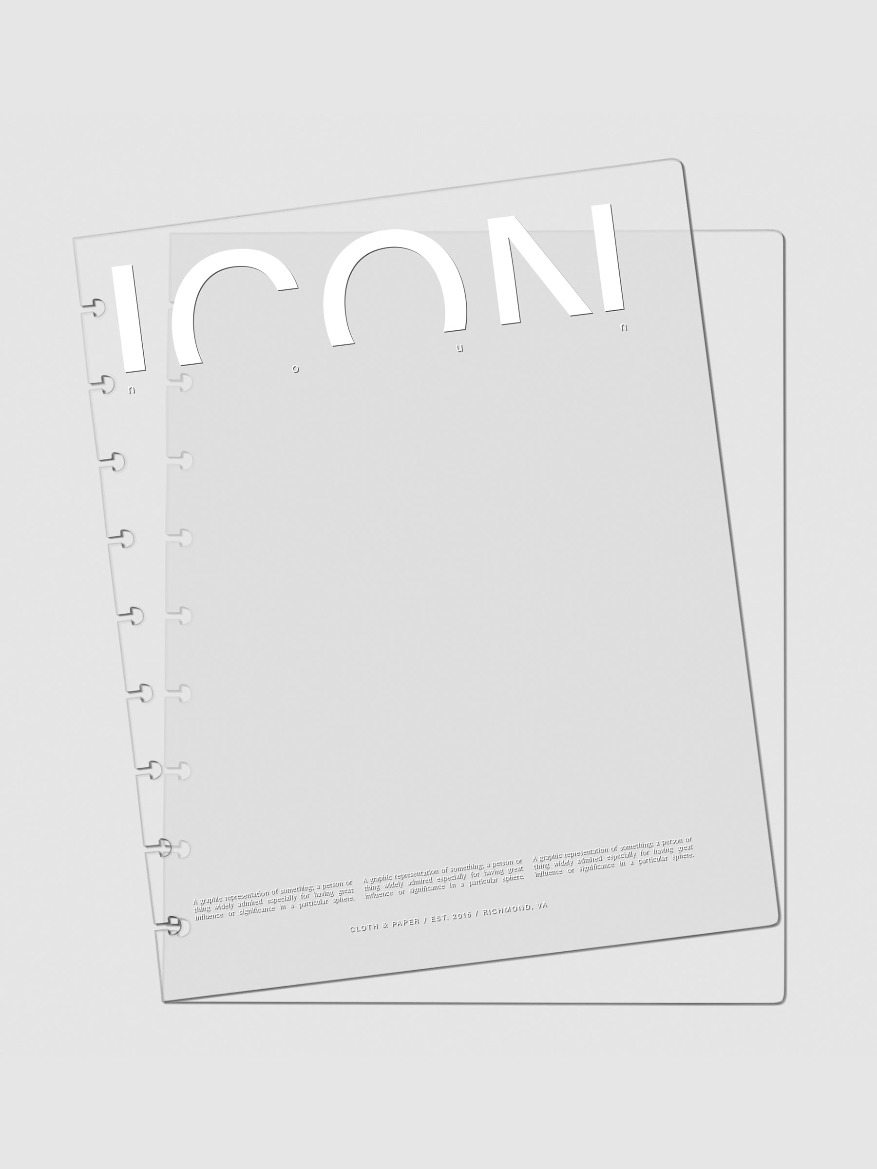 Two Crystal Clear Discbound Notebook Covers Icon laid on top of one another with the top cover tilted slightly to the left.