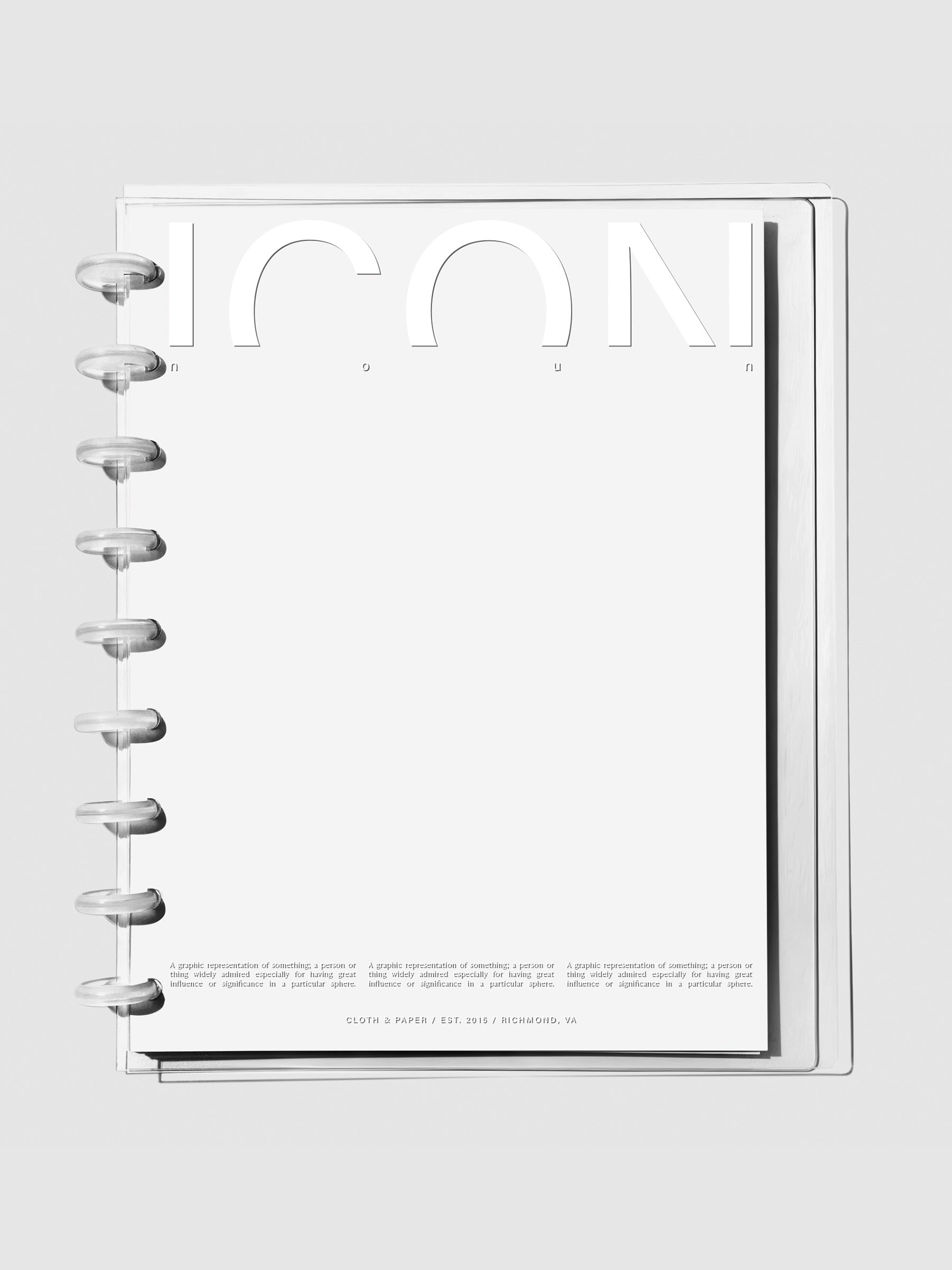Crystal Clear Discbound Notebook Cover Icon in use with clear rings.