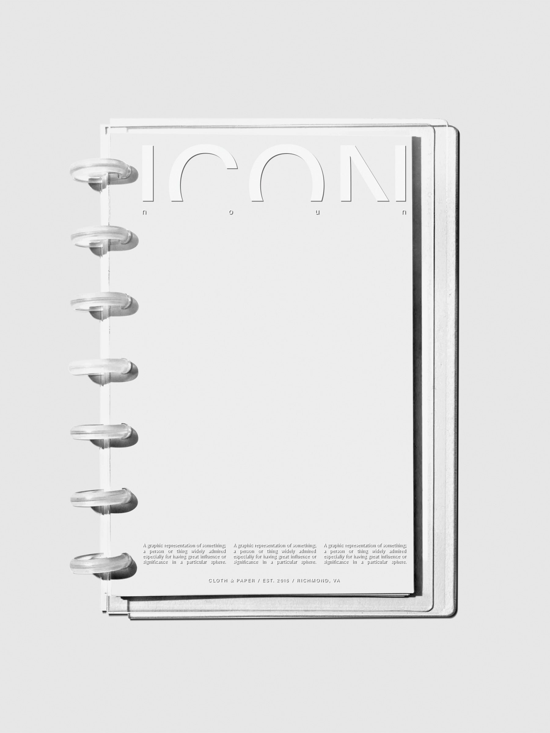 Crystal Clear Discbound Notebook Cover Icon in use with clear rings.