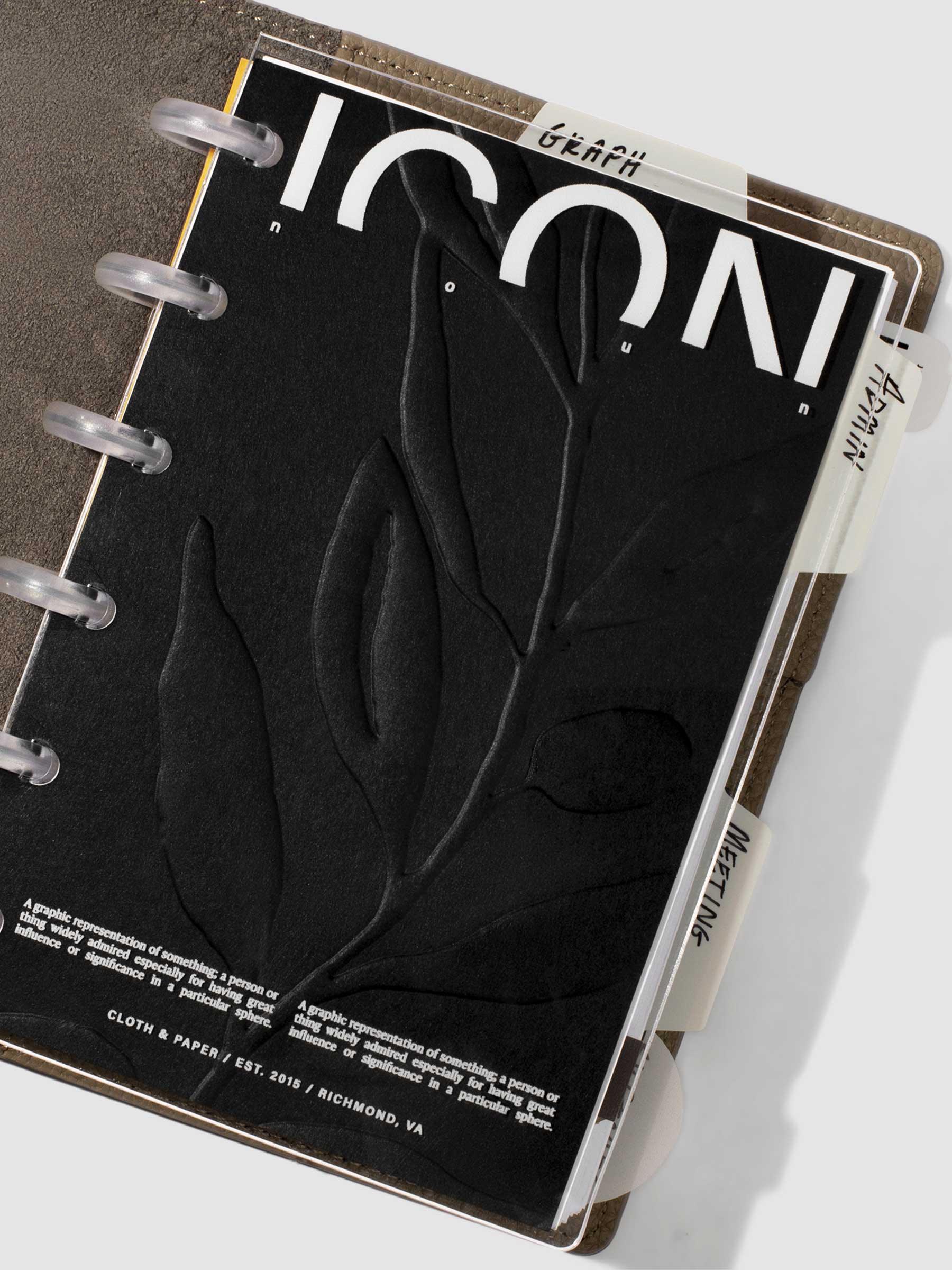 Crystal Clear Notebook Cover, Icon, Cloth and Paper. Covers in use inside a fossil leather folio.