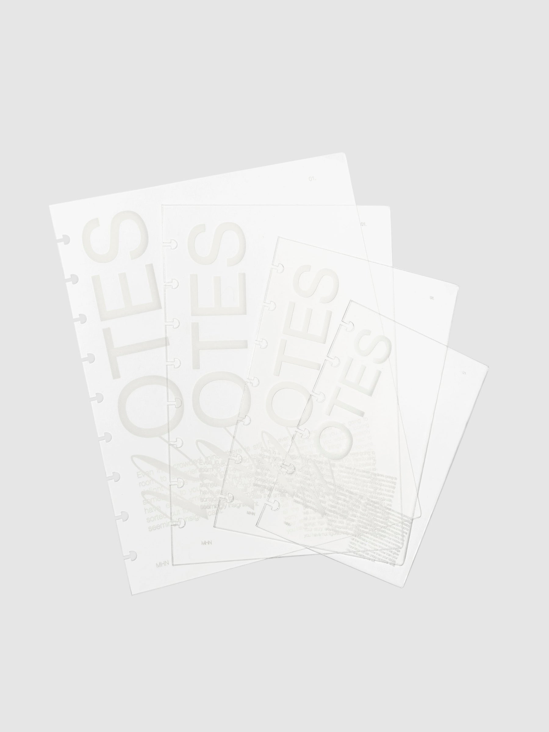 Crystal Clear Notebook Cover, Notes, Cloth and Paper. HP Classic, HP Mini, Half Letter, and CP Petite covers arranged in a fan shape on a neutral background.