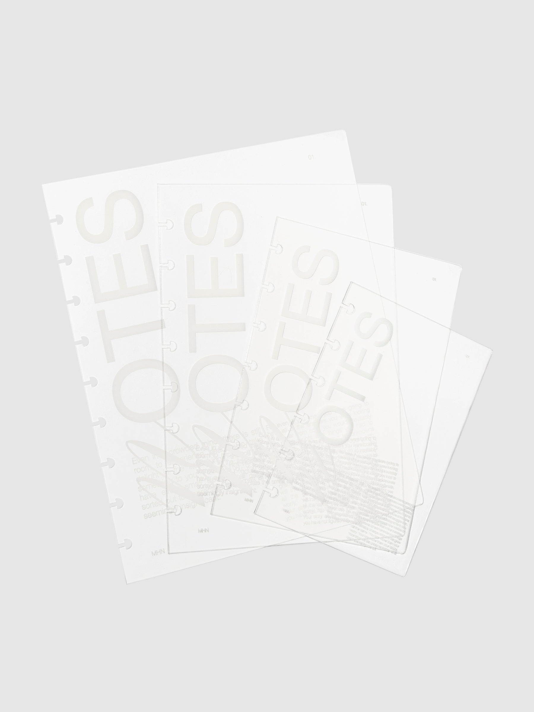 Crystal Clear Notebook Cover, Notes, Cloth and Paper. HP Classic, HP Mini, Half Letter, and CP Petite covers arranged in a fan shape on a neutral background.