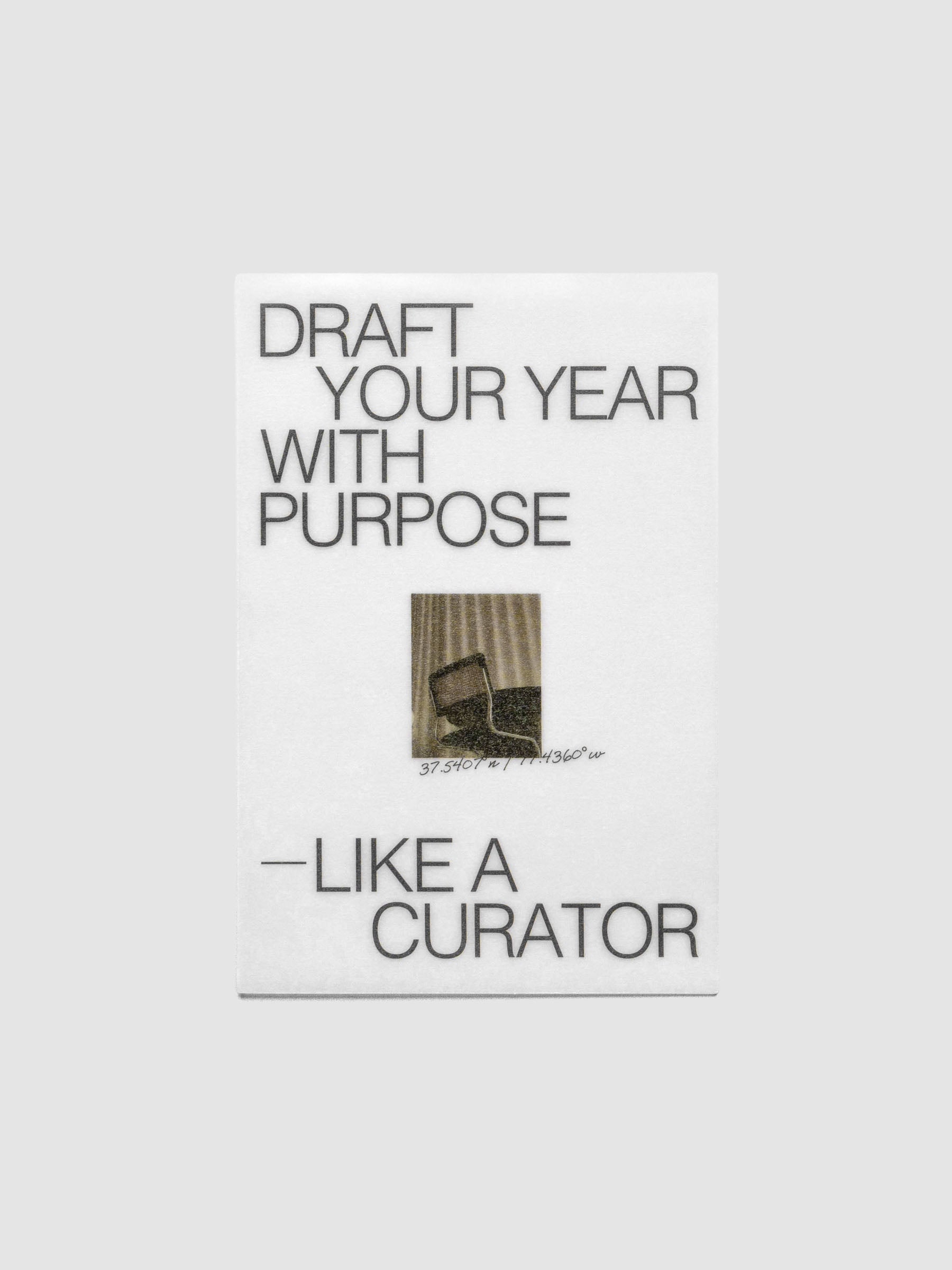 Vellum journaling card with text that reads 'Draft your year with purpose like a curator' and a small image.