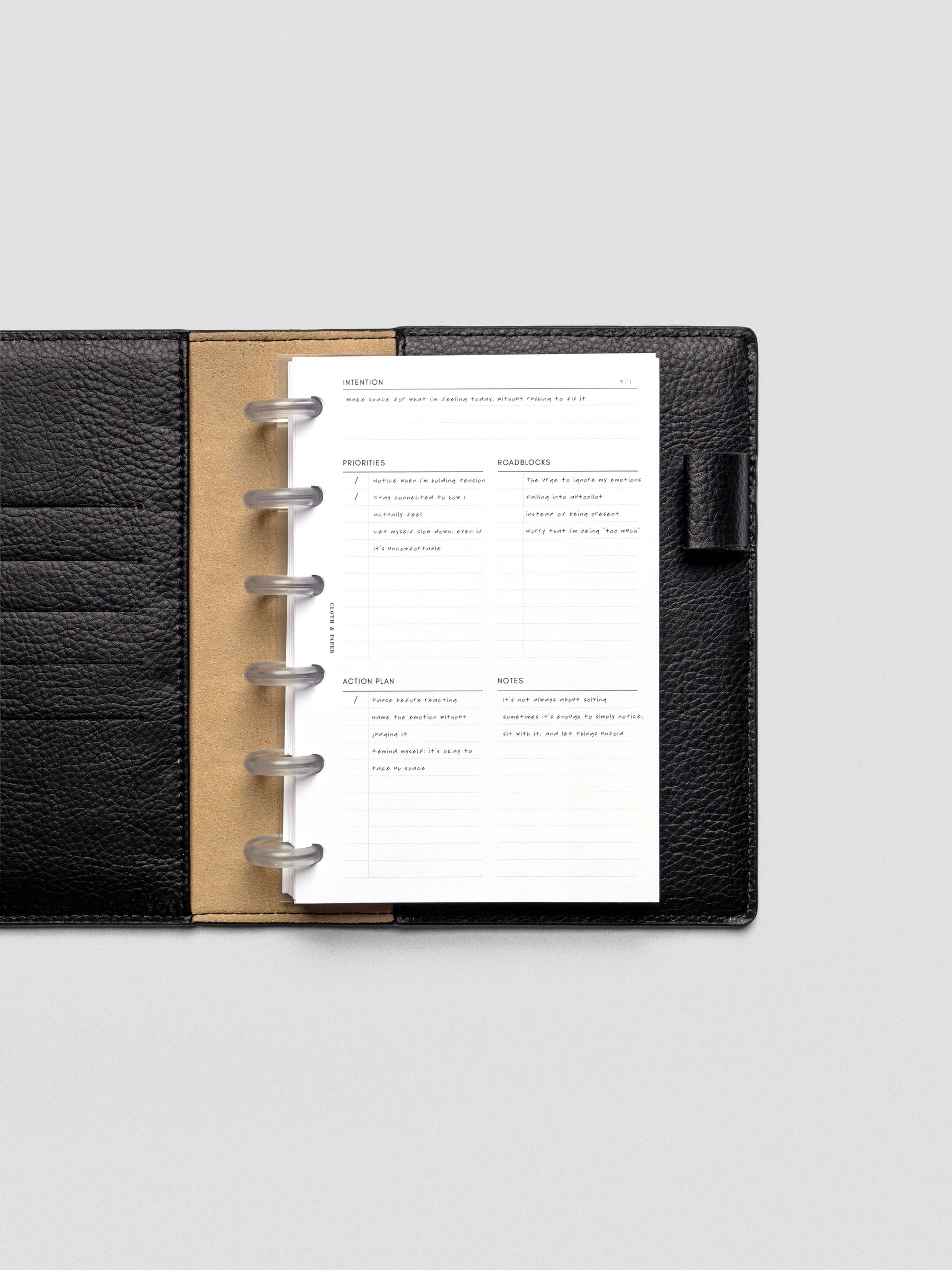 Daily Intention Planner Inserts show filled out in CP Petite size disc bound in a leather folio.