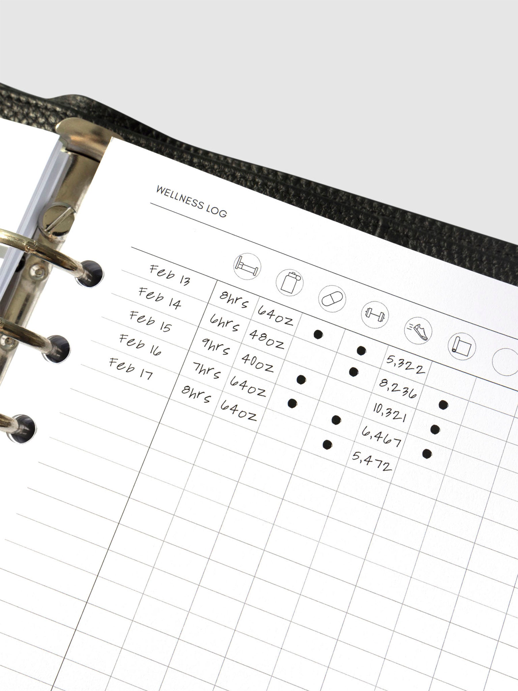 Closeup of inserts in use inside a leather planner. The wellness log demo page is shown.