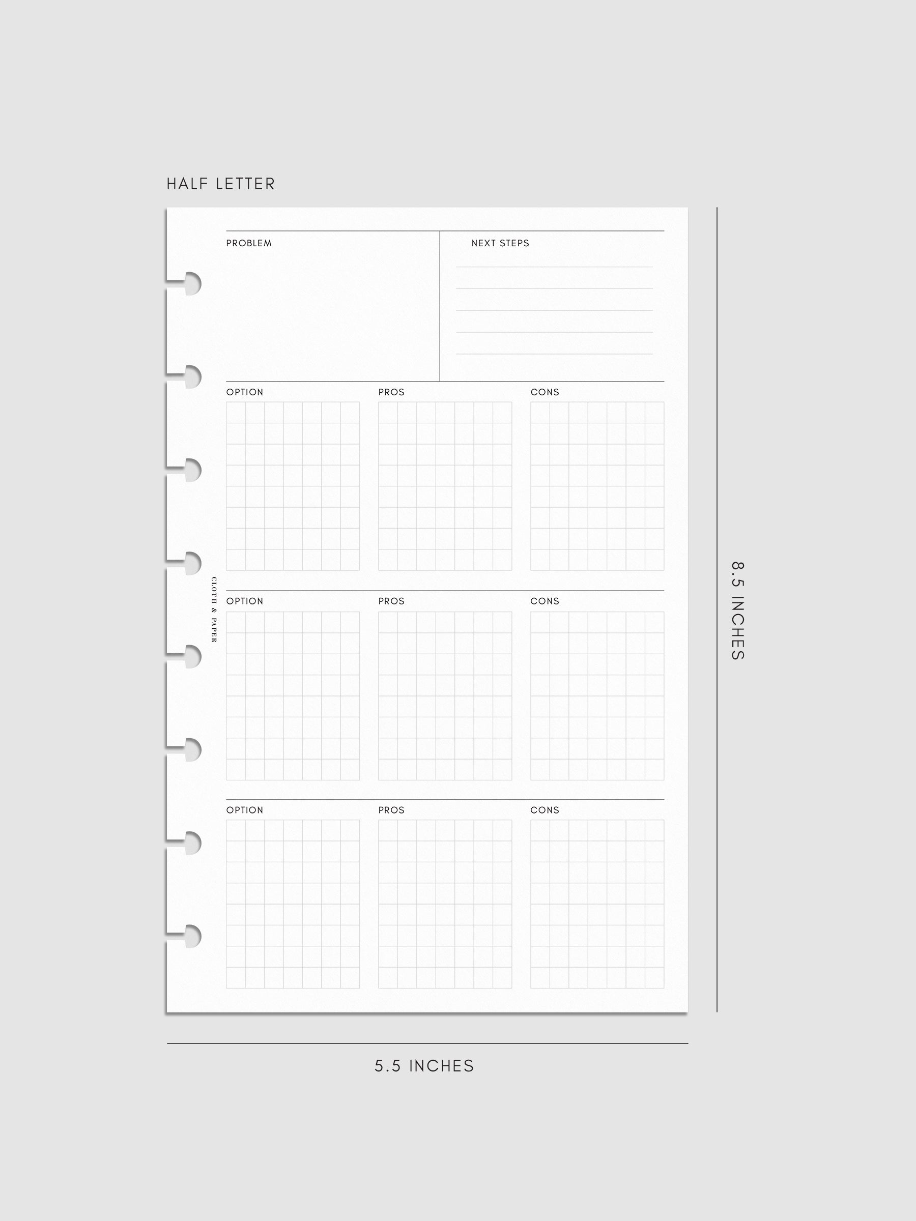 Half-letter decision-making insert measuring 5.5 by 8.5 inches. The page includes problem and next steps sections at the top and option grids for pros and cons, with disc-bound punches on the side.