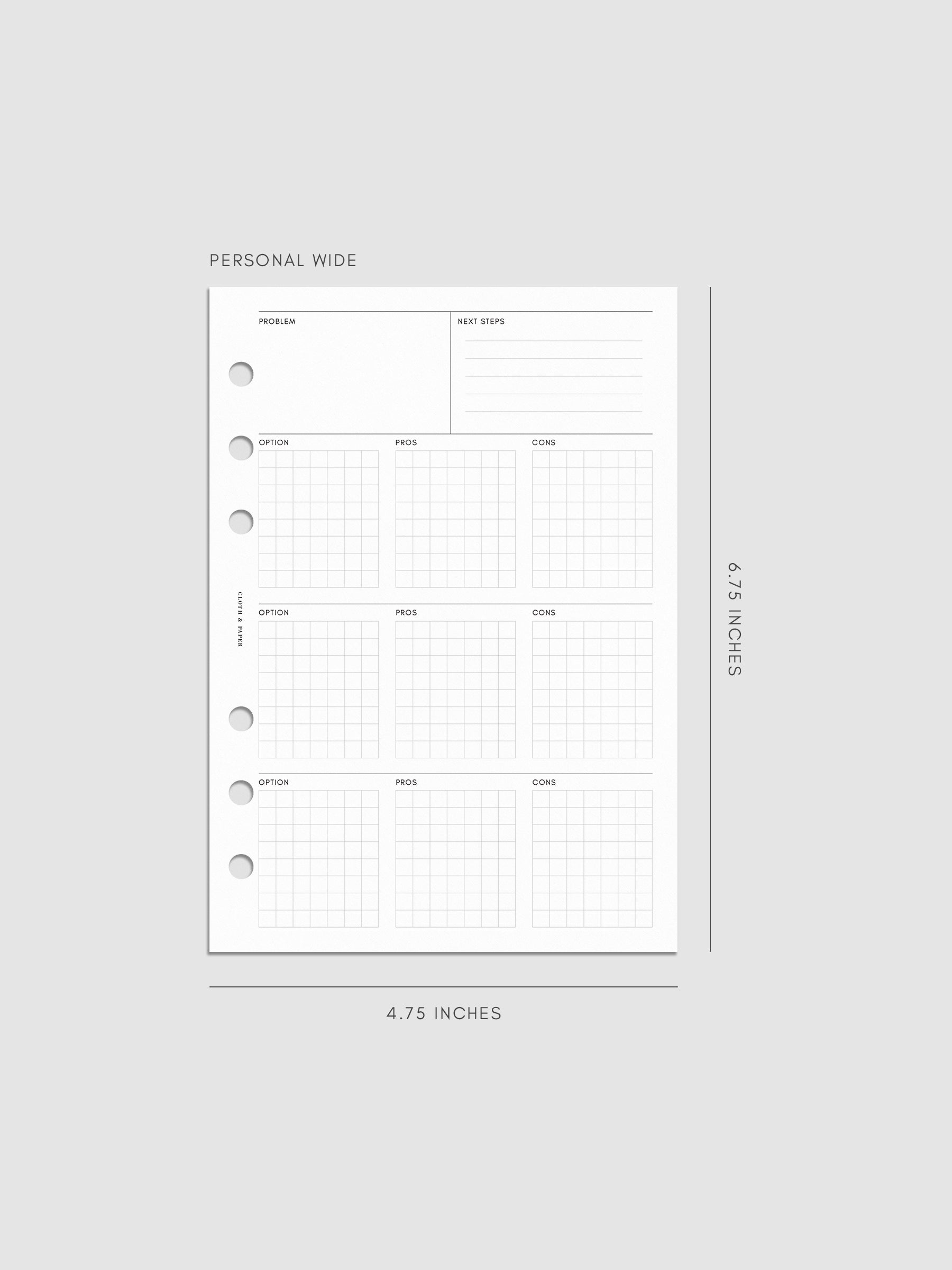 Personal Wide decision-making insert measuring 4.75 by 6.75 inches. The minimal layout includes space for problem, next steps, and gridded option boxes for pros and cons, with six-ring punches on the side.