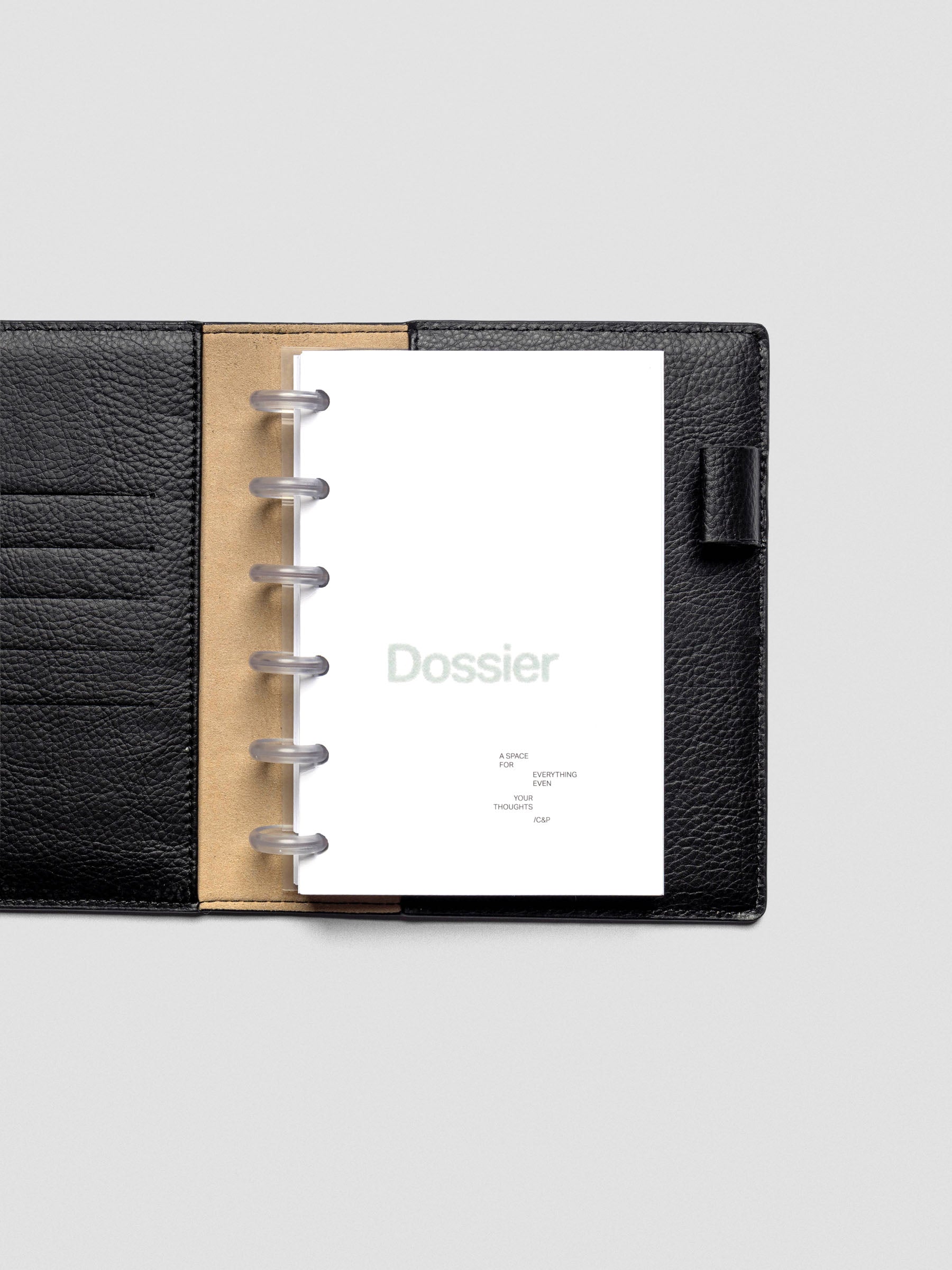 Dossier Planner Dashboard in CP Petite size shown disc bound in a leather planner cover.