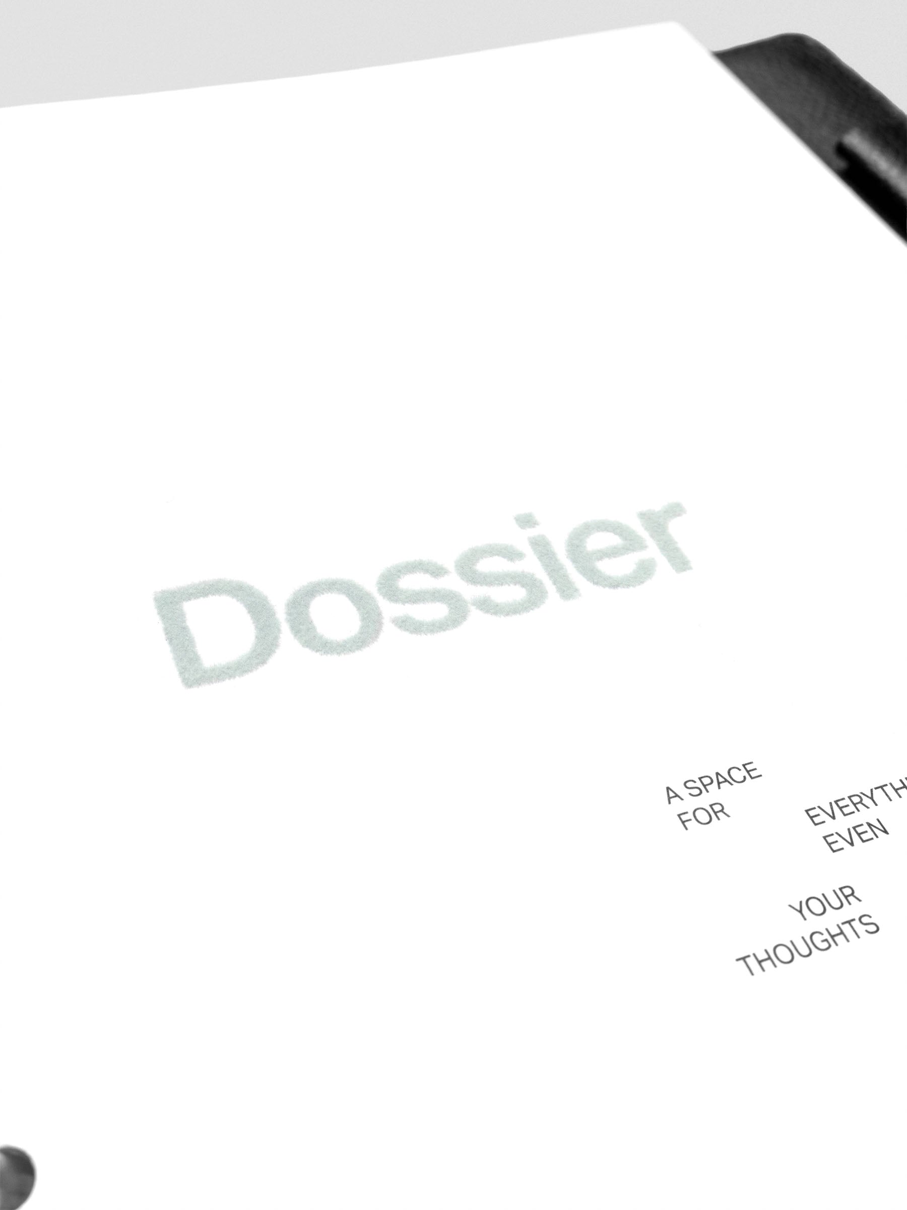 Close up of blue-green flocked "Dossier" text highlighting the velvet texture.