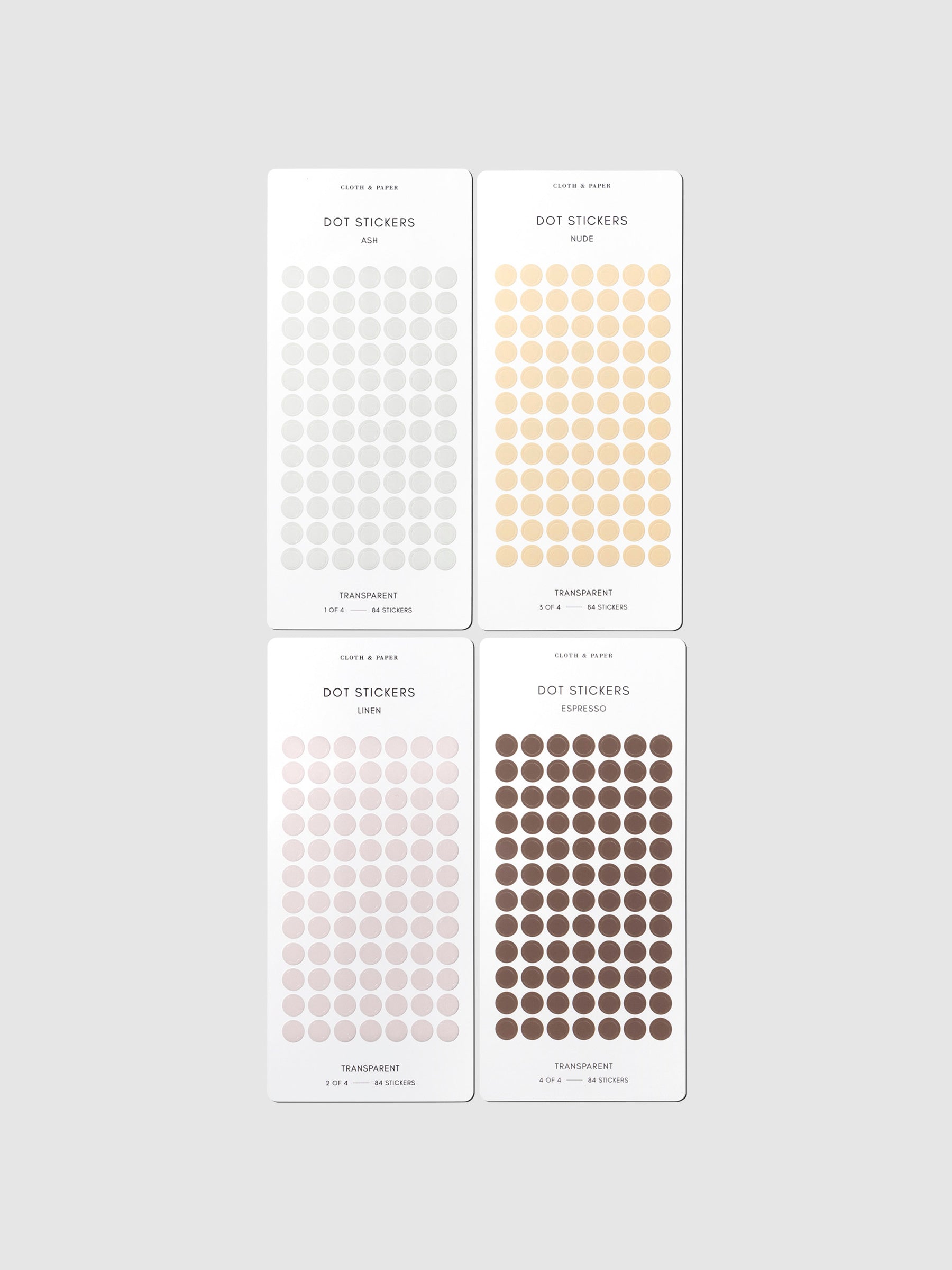 Small Dot Stickers, Cloth and Paper. Set of 4 sticker sheets displayed on a neutral background. Set displayed is Volume 1.
