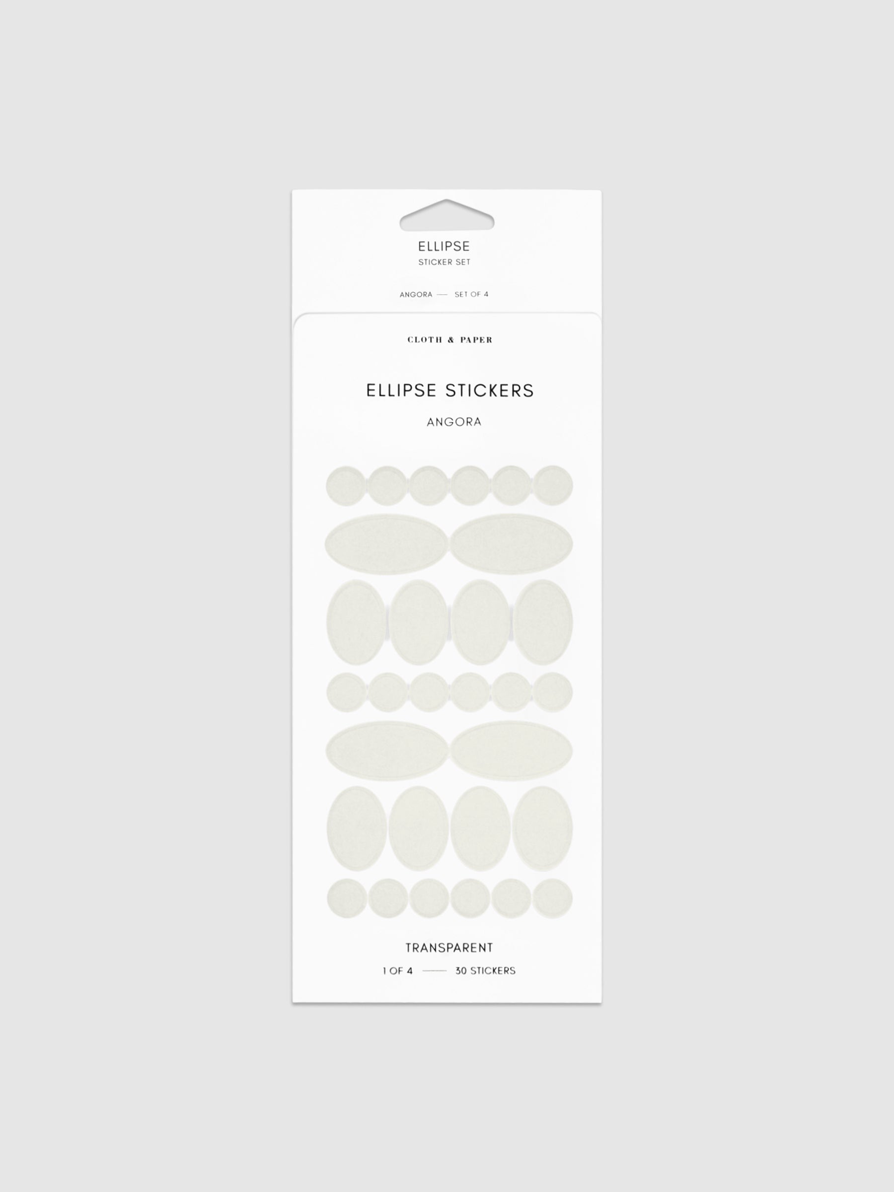 Angora  stickers in their packaging on a neutral background.