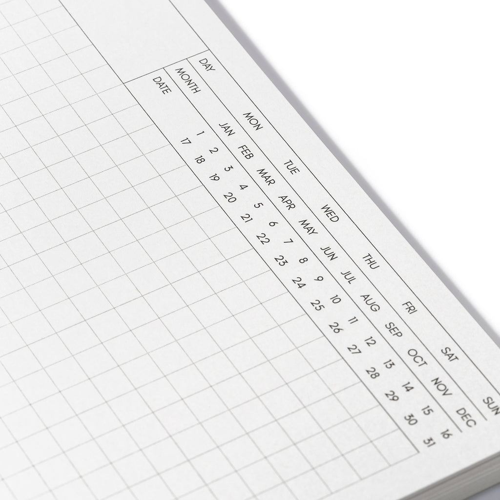 Closeup of dated header and graph paper inside Cafe Noir notebook.
