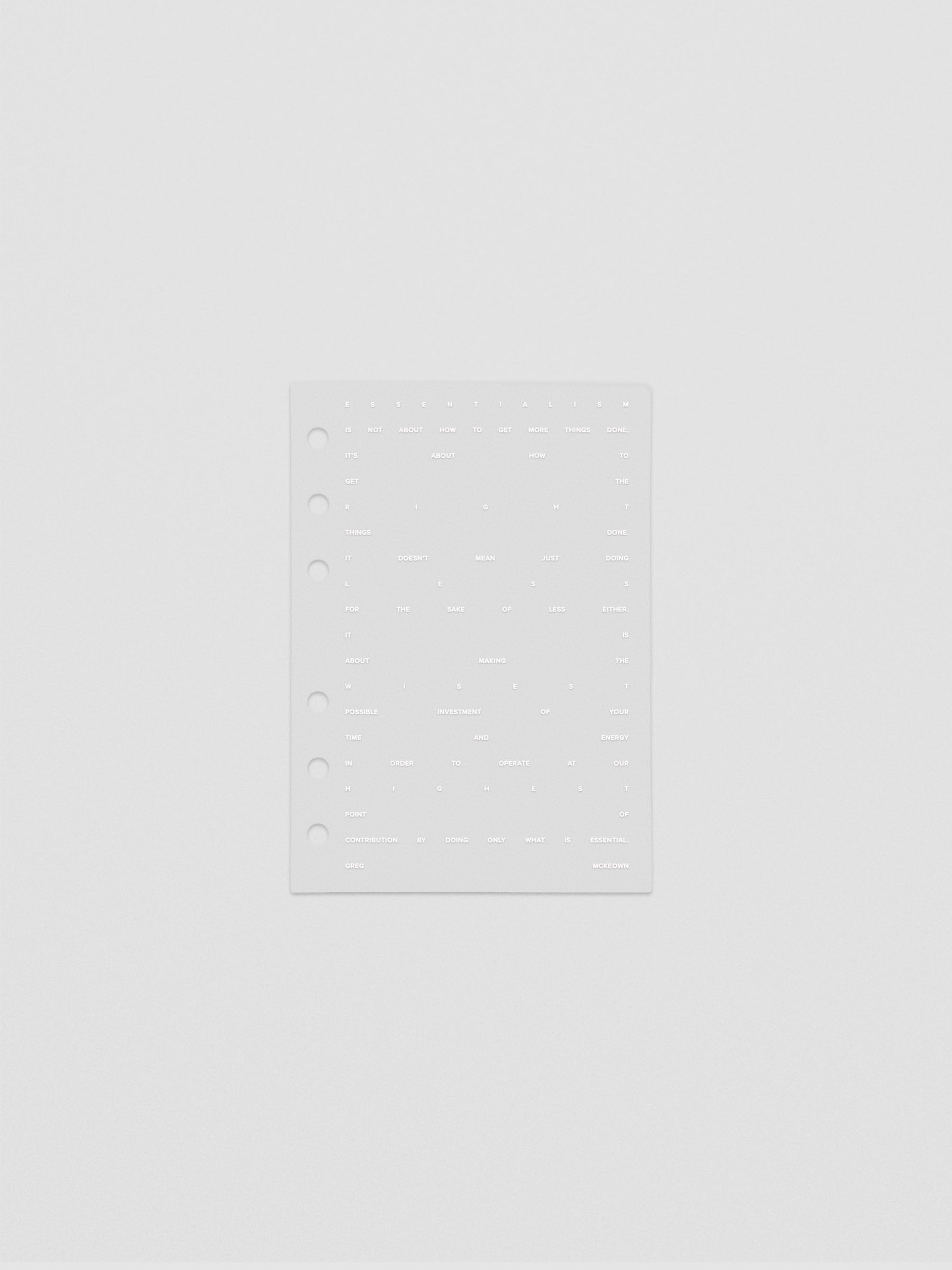 Essentialism Dashboard Duo reading "moins mai mieux" in size A6; transparent layer only.