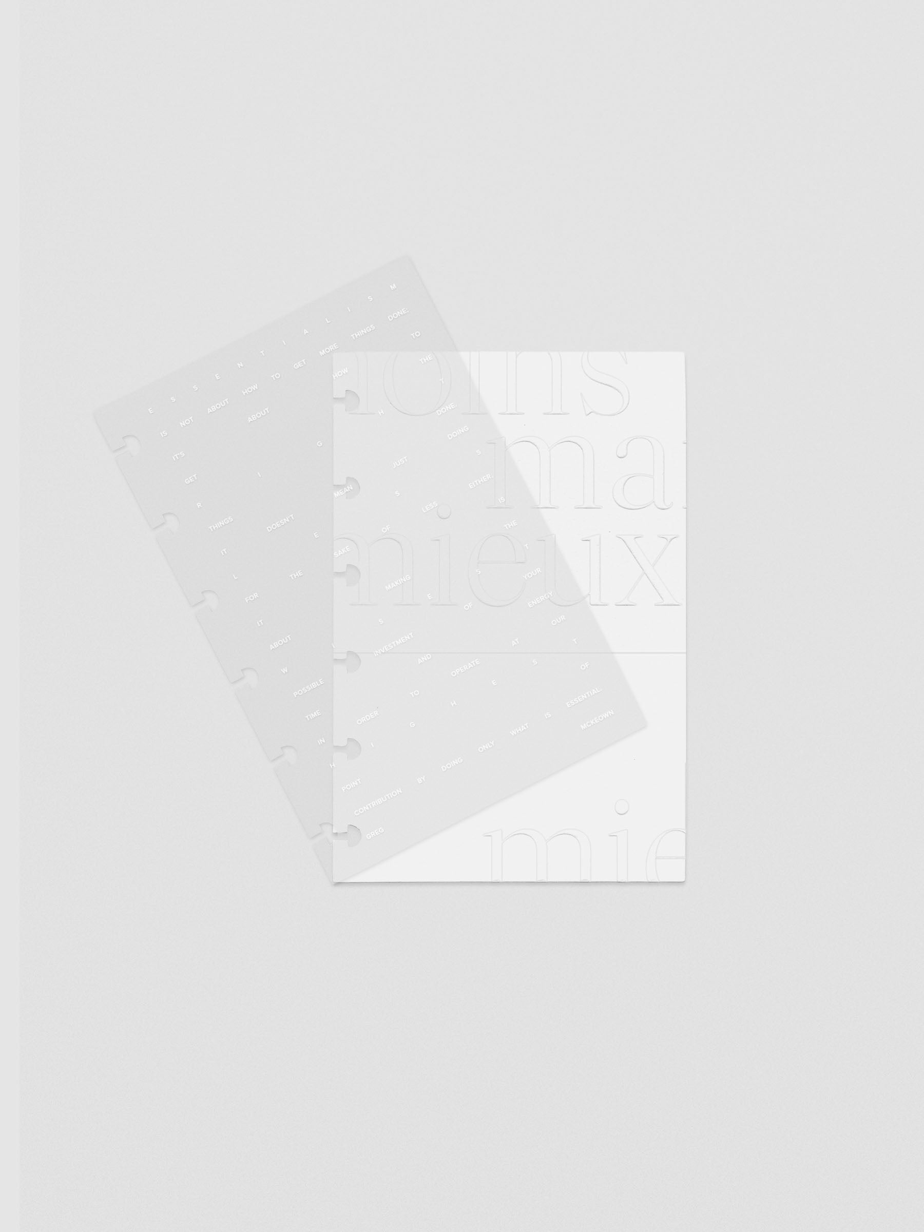 Essentialism Dashboard Duo reading "moins mai mieux" in size CP Petite; shown with layers offset.