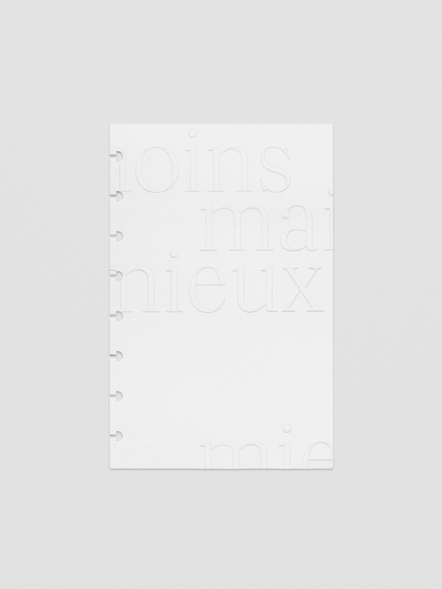 Essentialism Dashboard Duo reading "moins mai mieux" in size Half Letter; cardstock layer only.