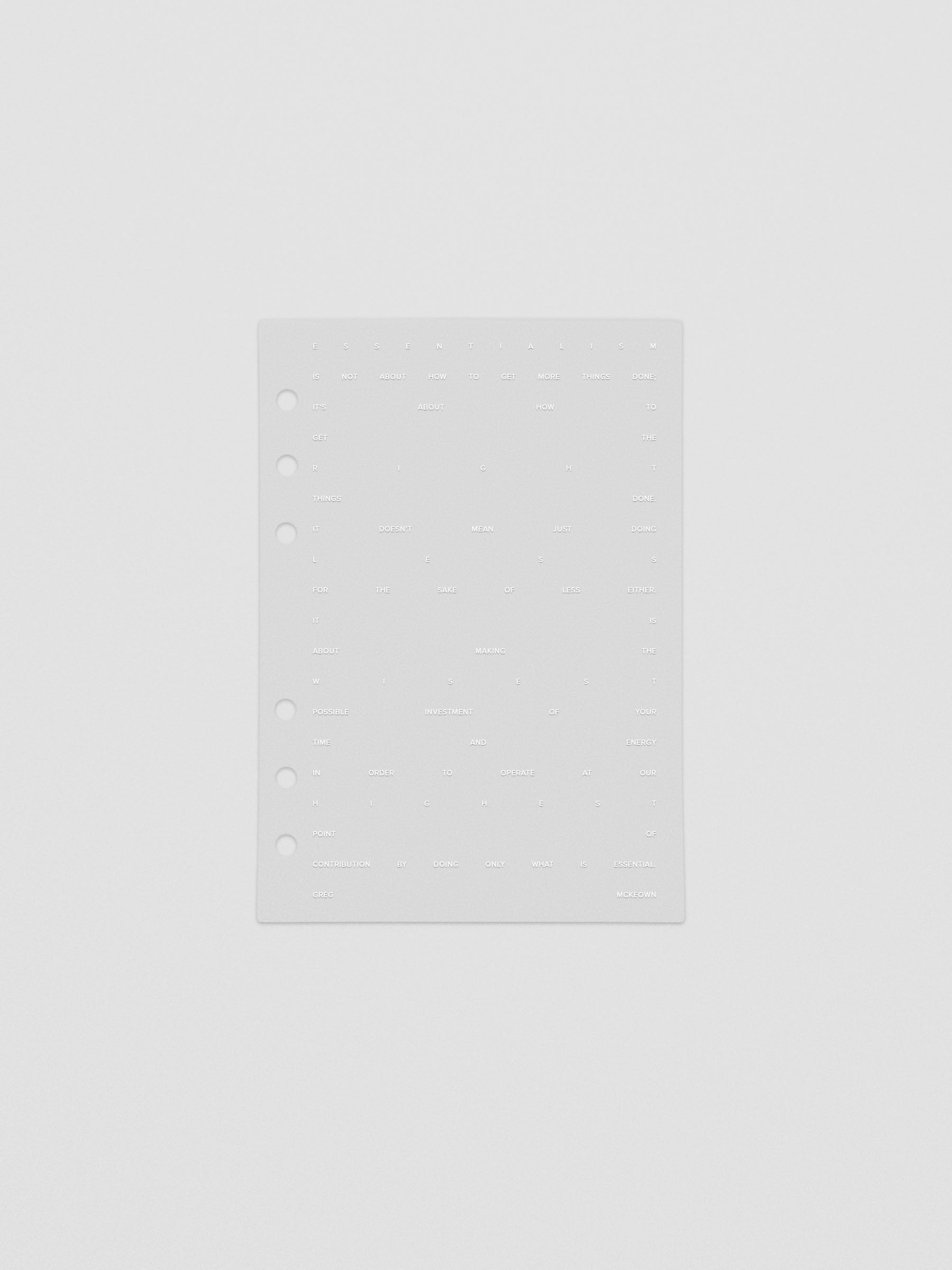 Essentialism Dashboard Duo reading "moins mai mieux" in size Personal Wide; transparent layer only.