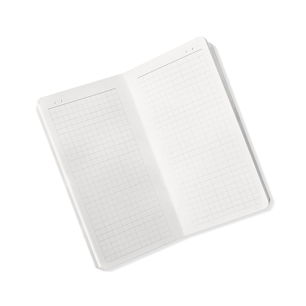 Graph notebook opened to show the pages on the inside. Pages have slash marks at the top to fill in the date and a gray graph print on white paper.