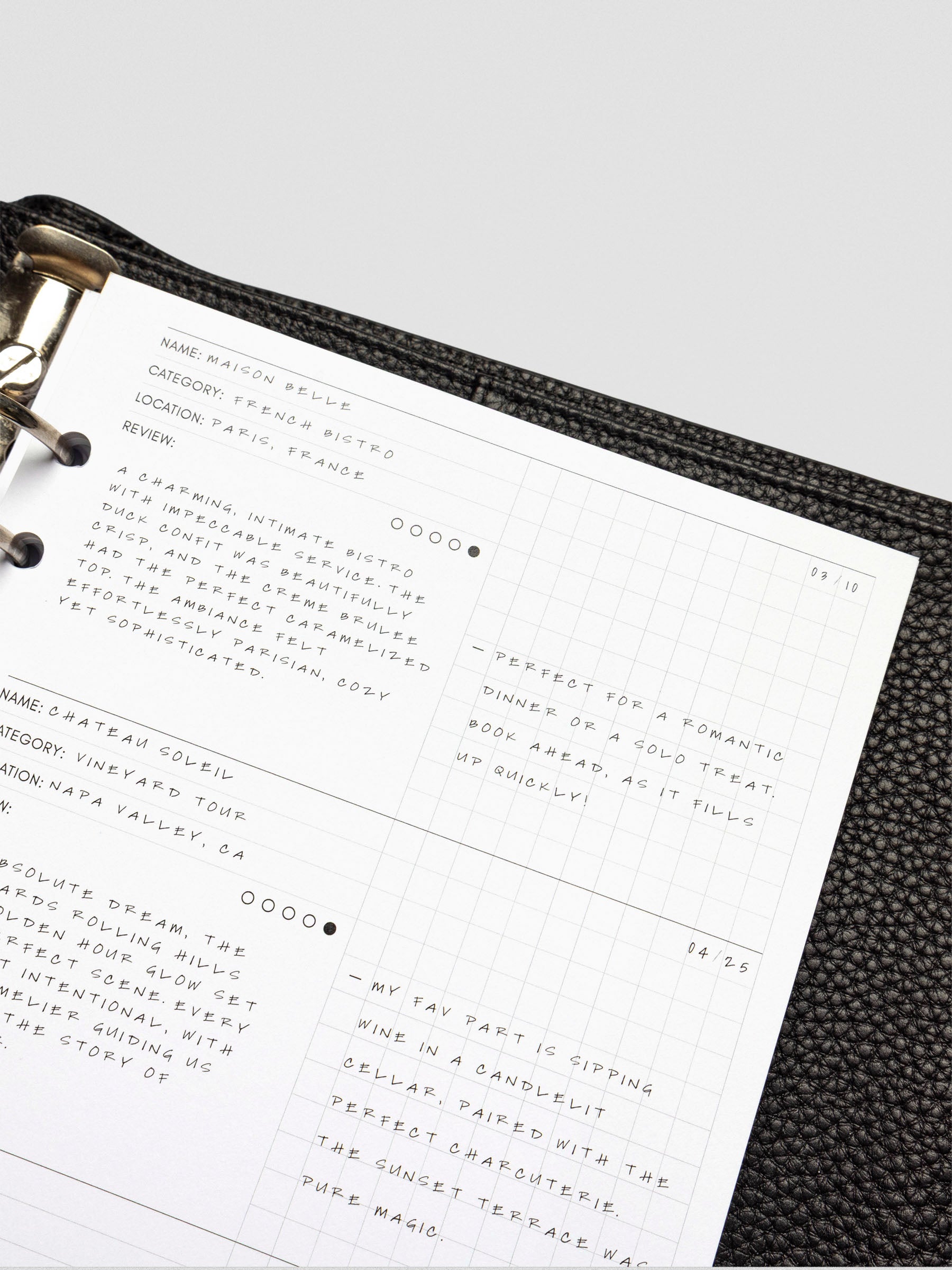 Filled-in demo page of the Experience Tracker Inserts, with handwritten reviews for a French bistro and a vineyard tour, using both the structured and grid sections.