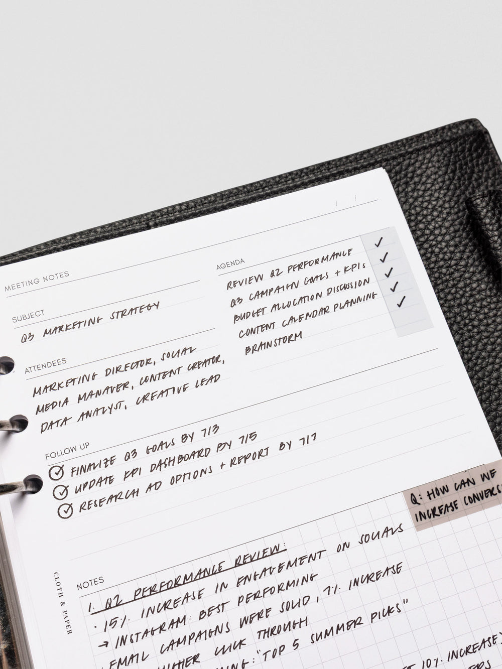 Extended Meeting Notes Planner Inserts | Cloth & Paper