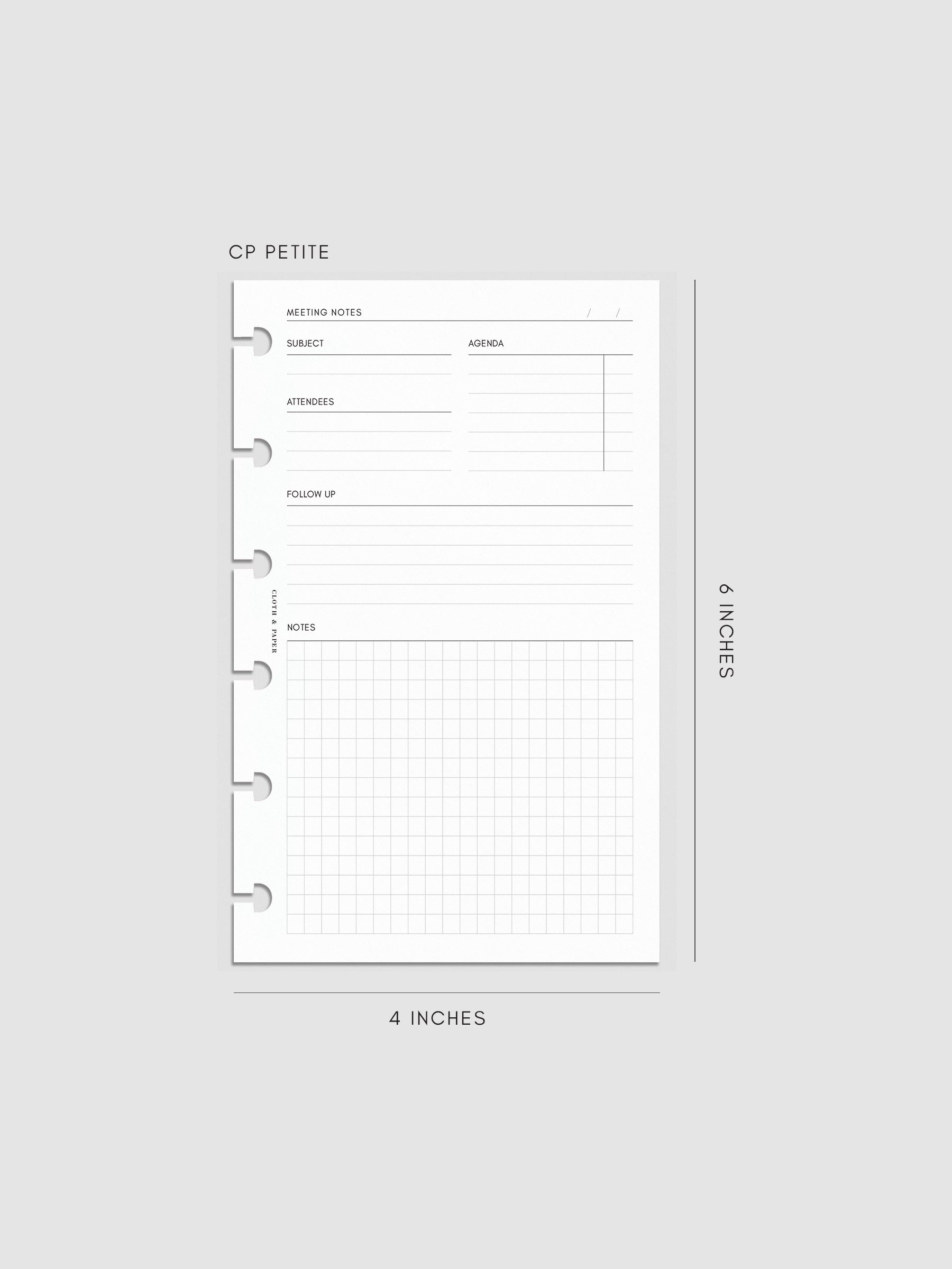 CP Petite size meeting notes insert measuring 4 by 6 inches. The minimal layout includes sections for subject, agenda, attendees, follow-up, and a gridded notes area with three ring punches on the side.