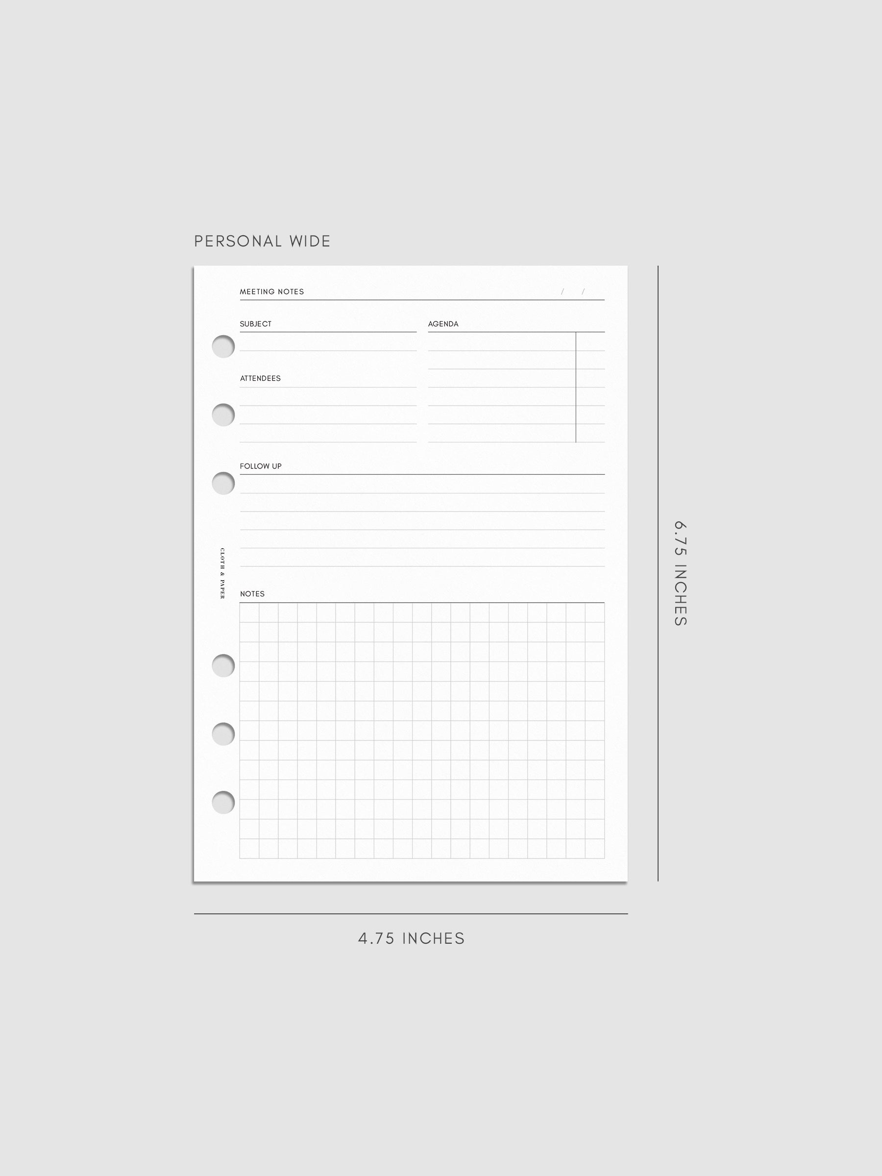 Personal Wide size meeting notes insert measuring 4.75 by 6.75 inches. The minimal layout includes sections for subject, agenda, attendees, follow-up, and a gridded notes area with three ring punches on the side.