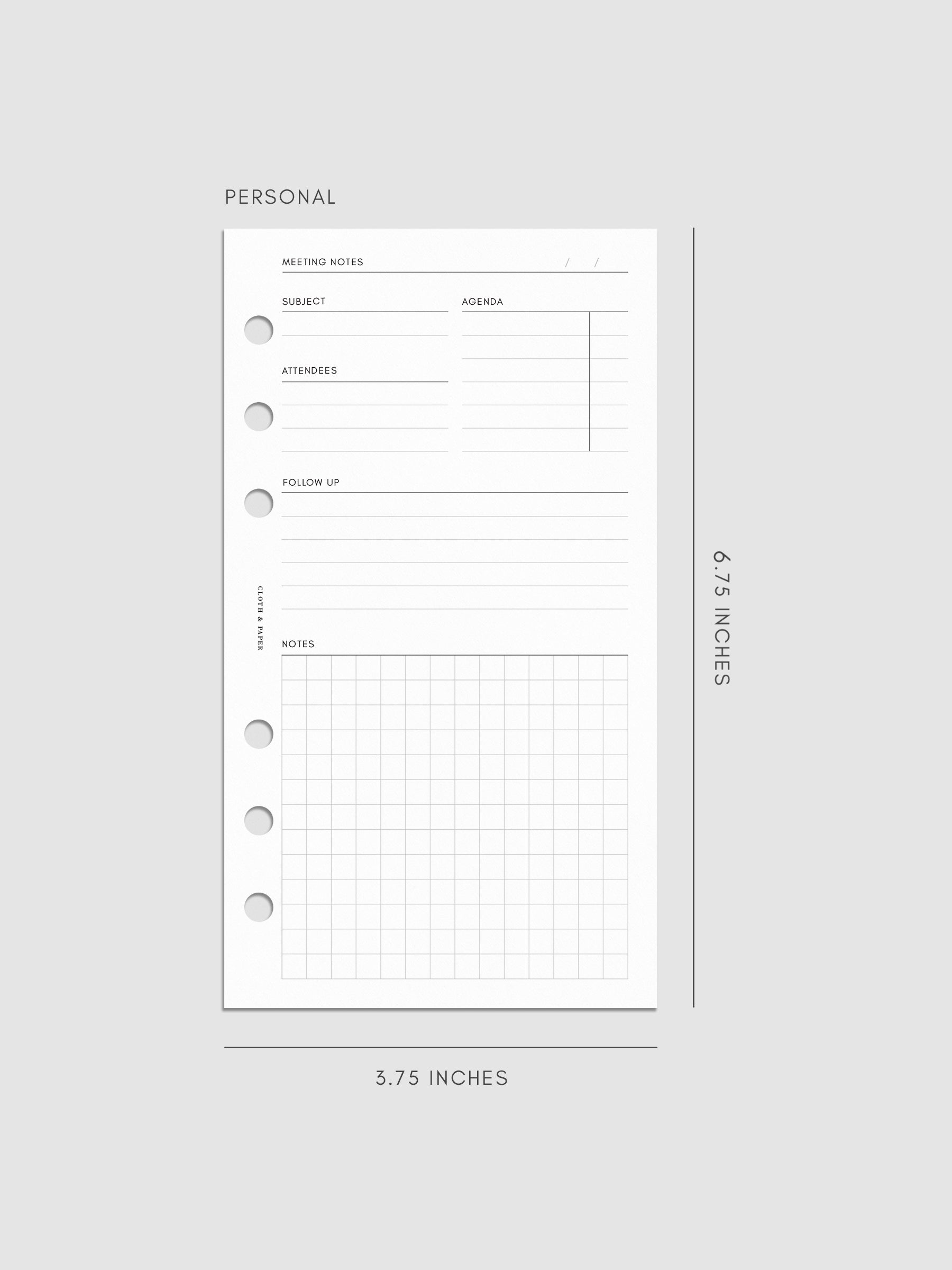 Personal size meeting notes insert measuring 3.75 by 6.75 inches. The minimal layout includes sections for subject, agenda, attendees, follow-up, and a gridded notes area with three ring punches on the side.