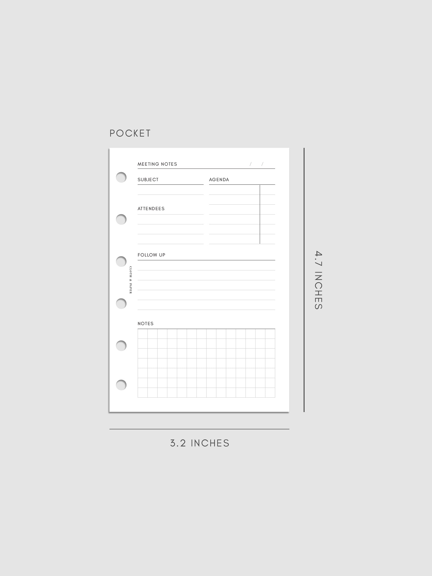 Pocket size meeting notes insert measuring 3.2 by 4.7 inches. The minimal layout includes sections for subject, agenda, attendees, follow-up, and a gridded notes area with three ring punches on the side.