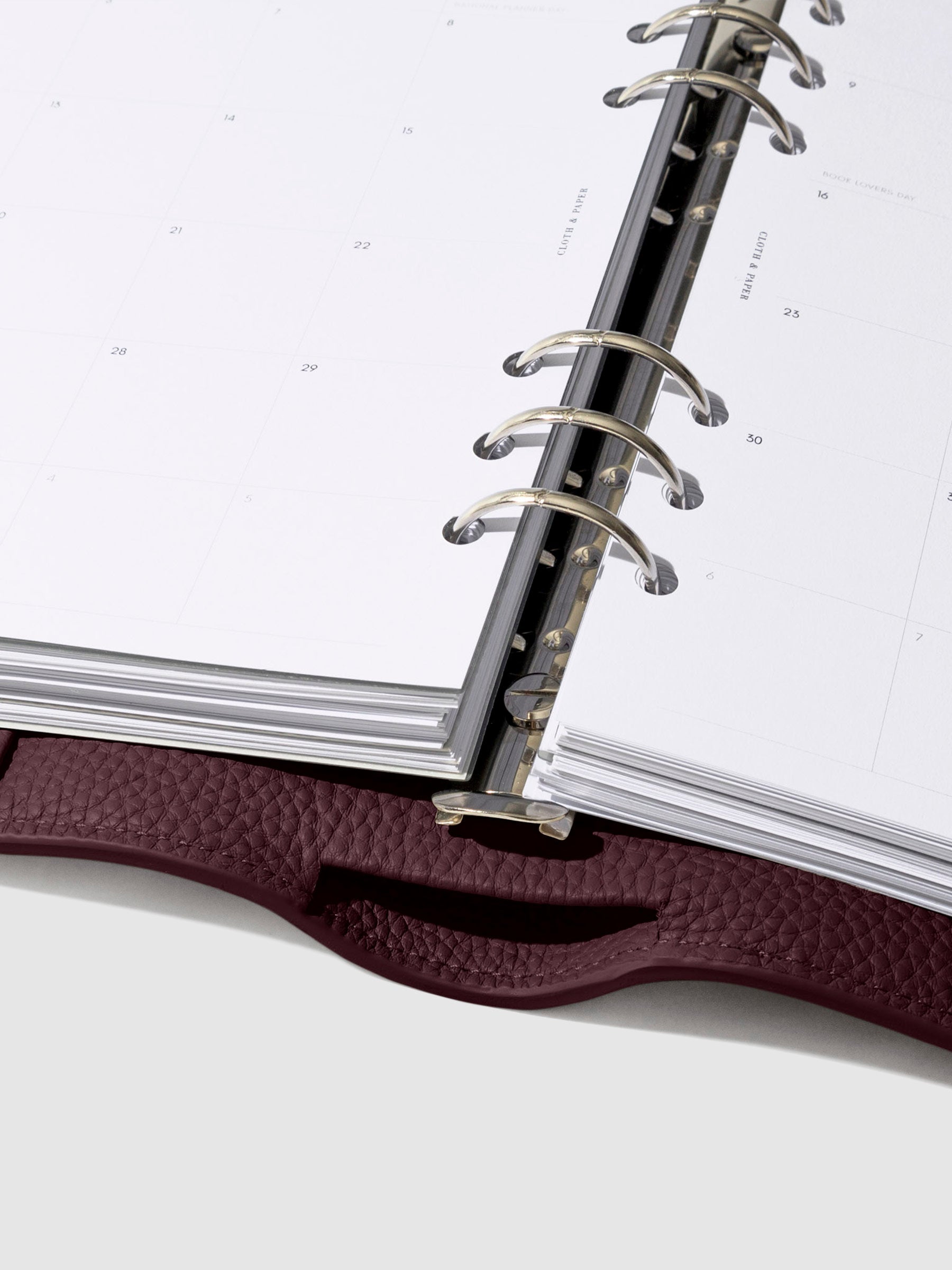 Close-up of the dark burgundy leather agenda ring mechanism.