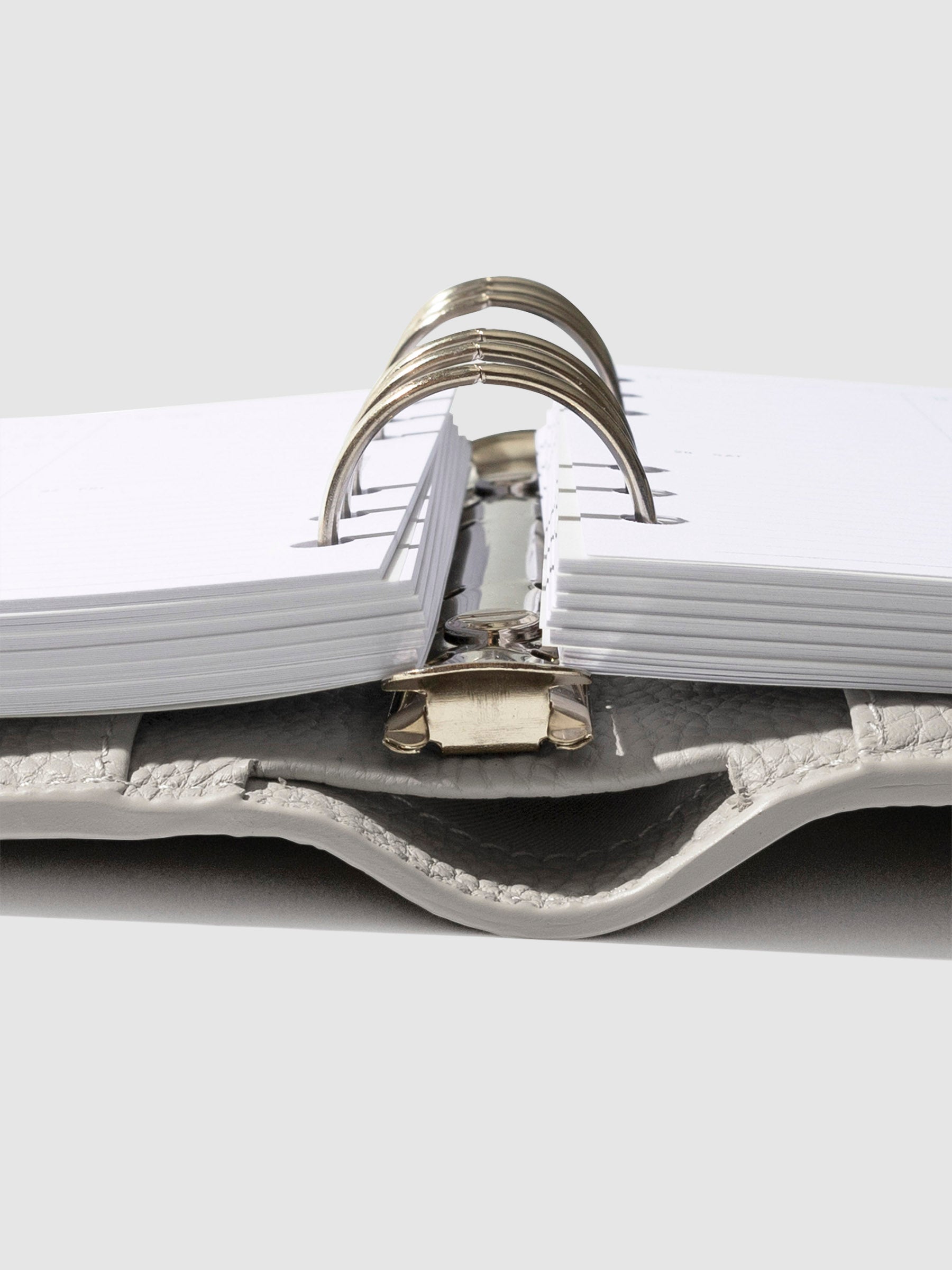 Close-up of the ash leather agenda ring mechanism.