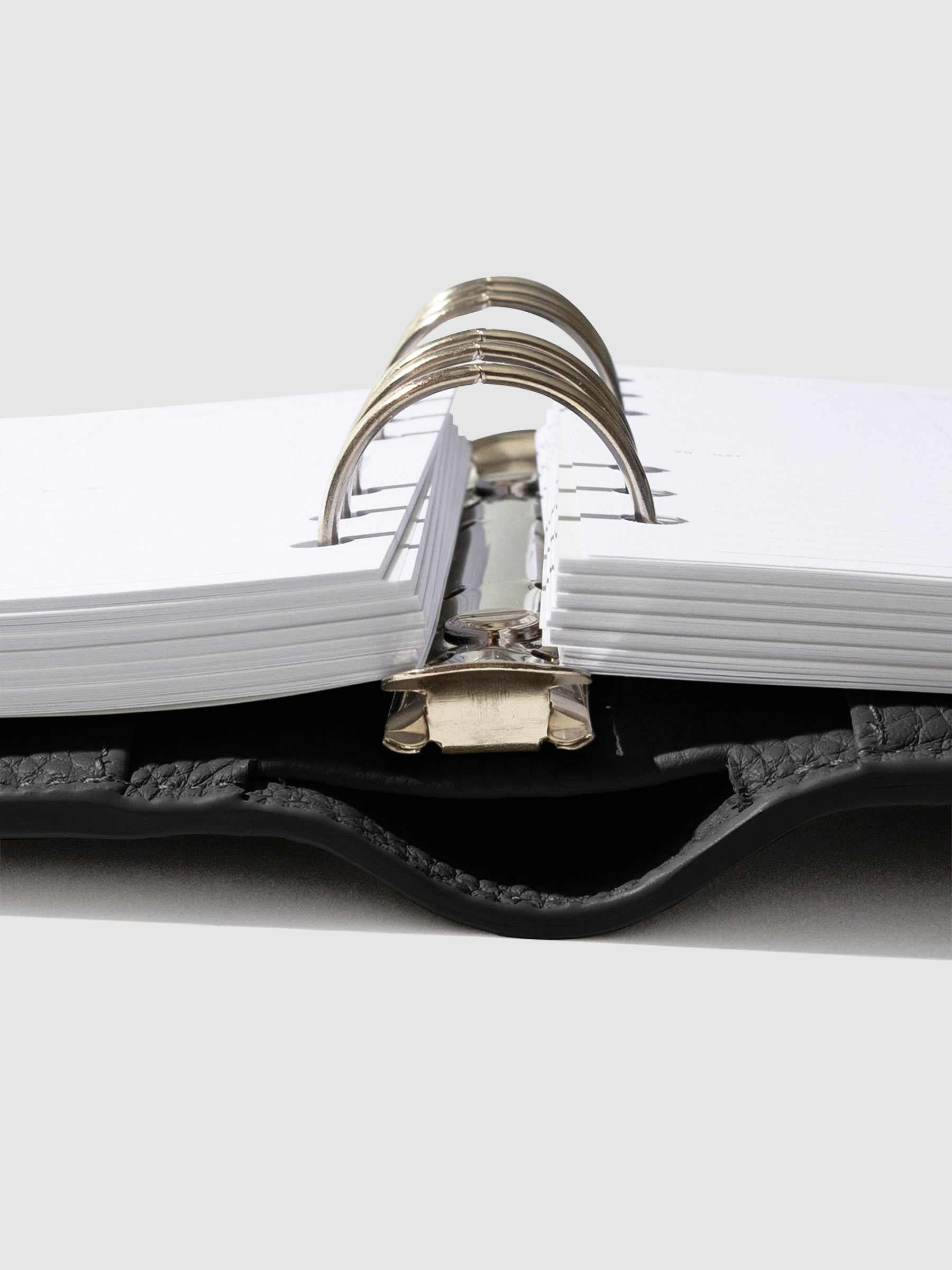 Close-up of the black leather agenda ring mechanism.