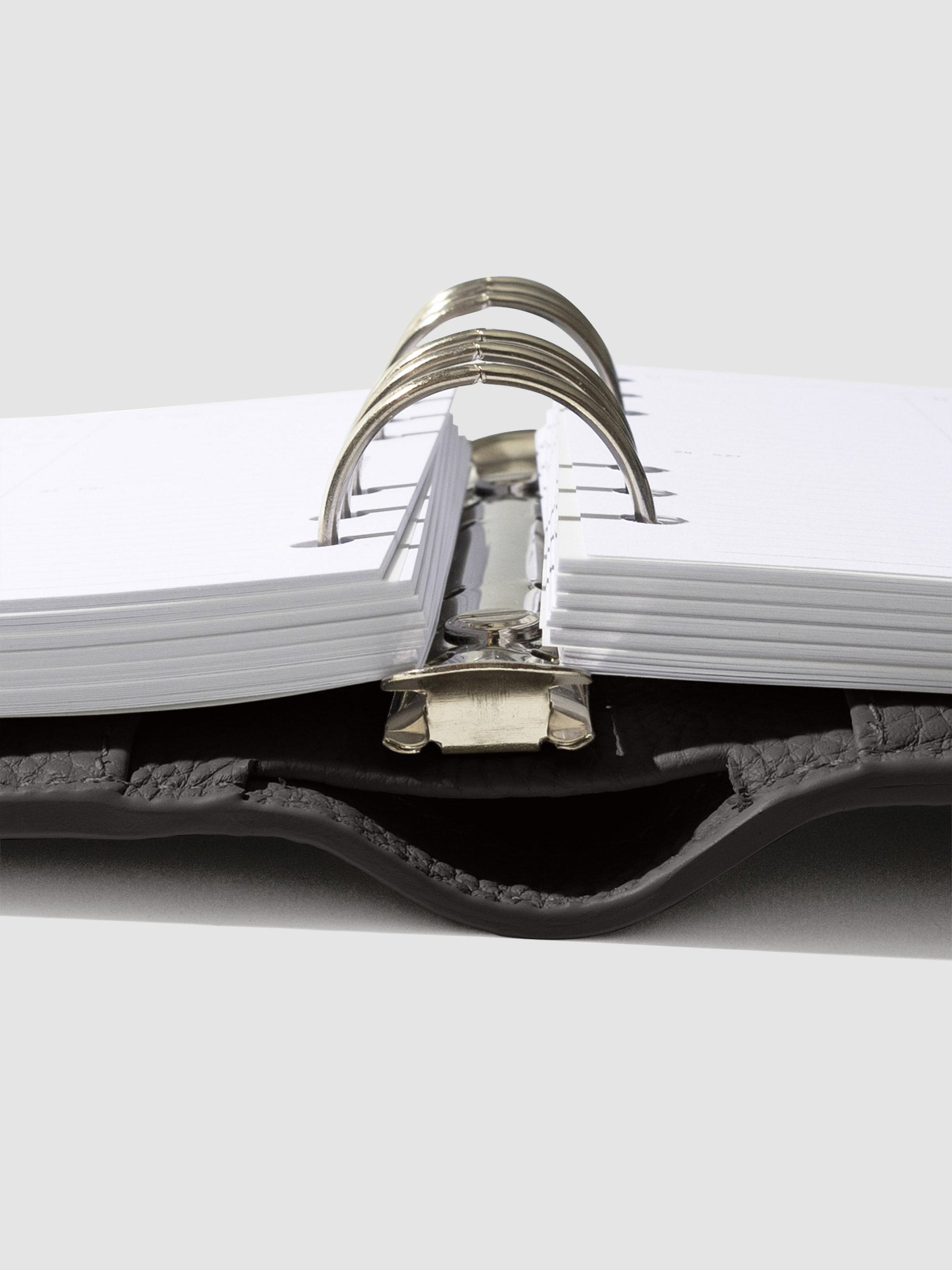 Close-up of the cafenoir leather agenda ring mechanism.