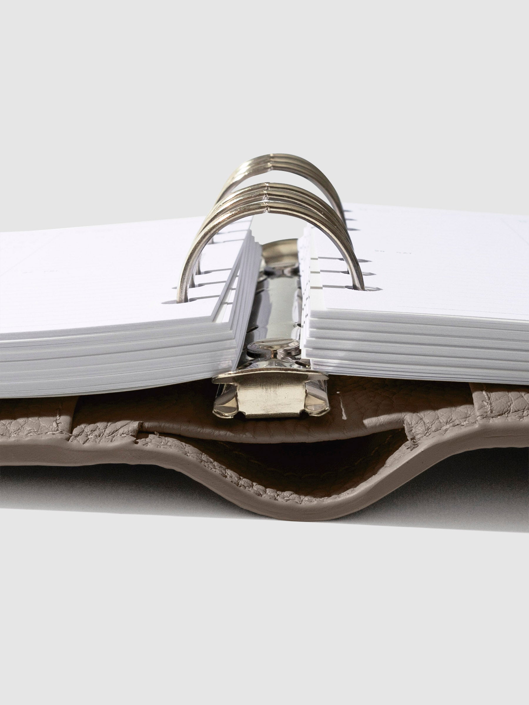 Close-up of the cortado leather agenda ring mechanism.