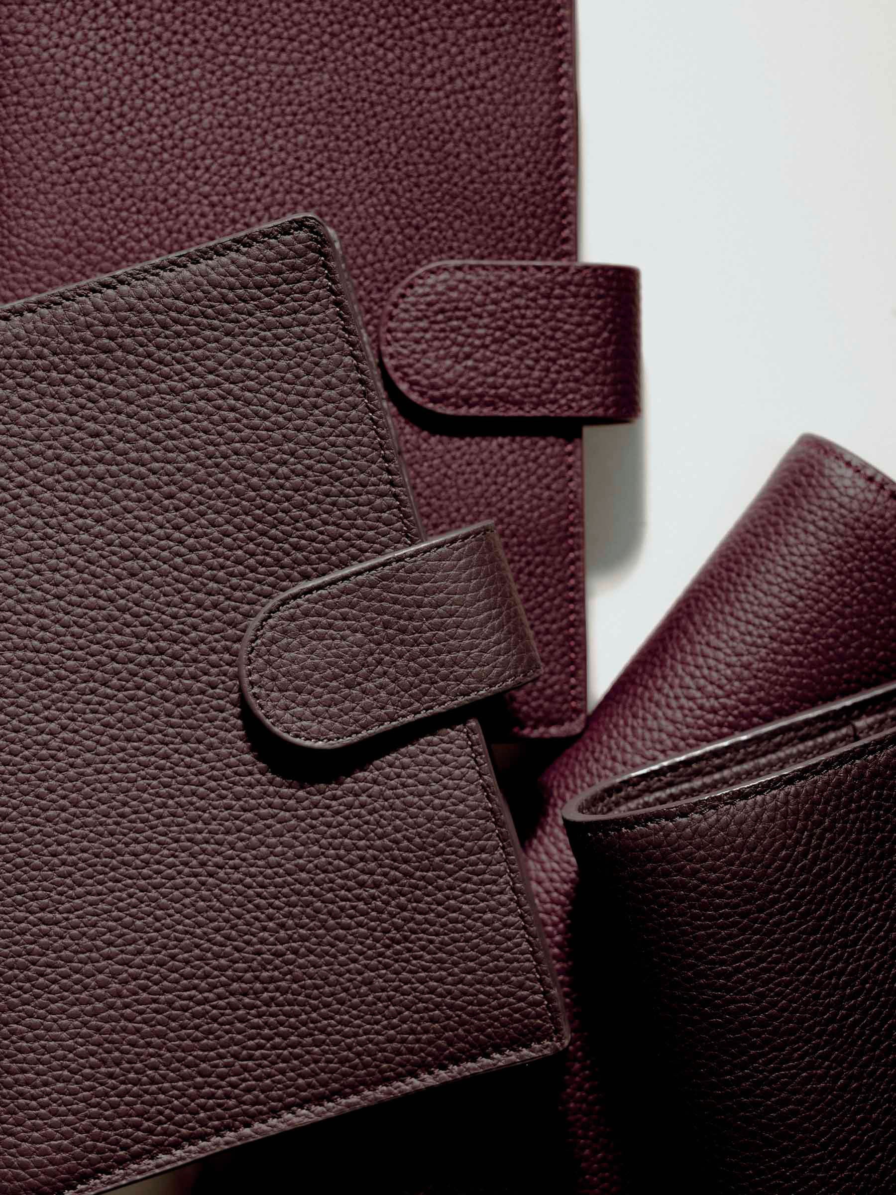 Close-up of Foundations Leather Agendas on a white background.