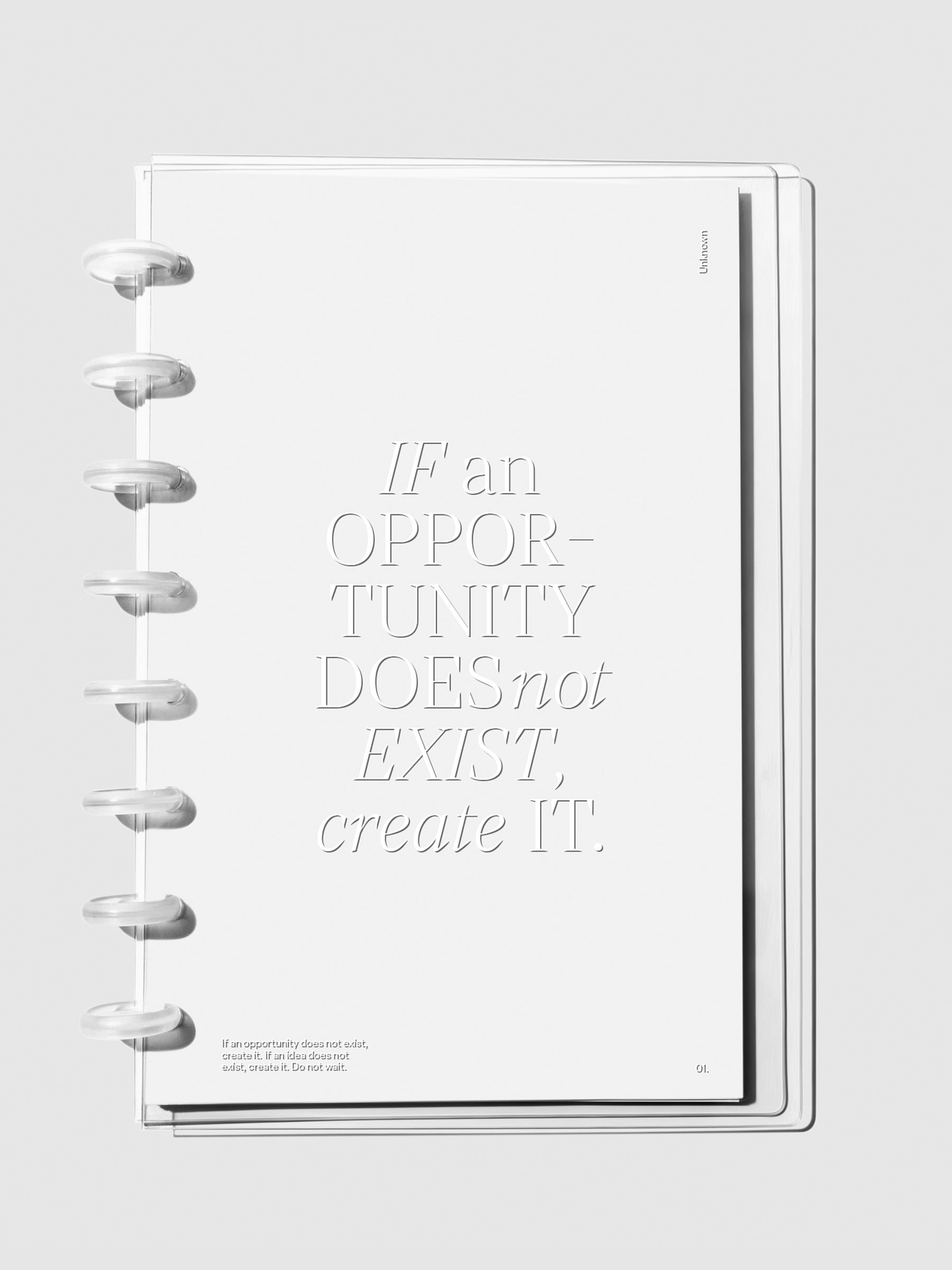 Crystal Clear Discbound Notebook Cover "Opportunity" in use with clear rings.