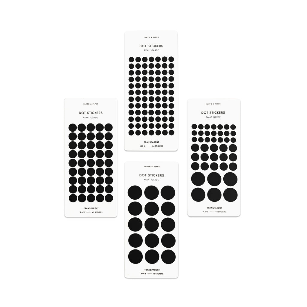Four sheets of Avant Garde dot stickers in different sizes shown parallel to each other on a white background.