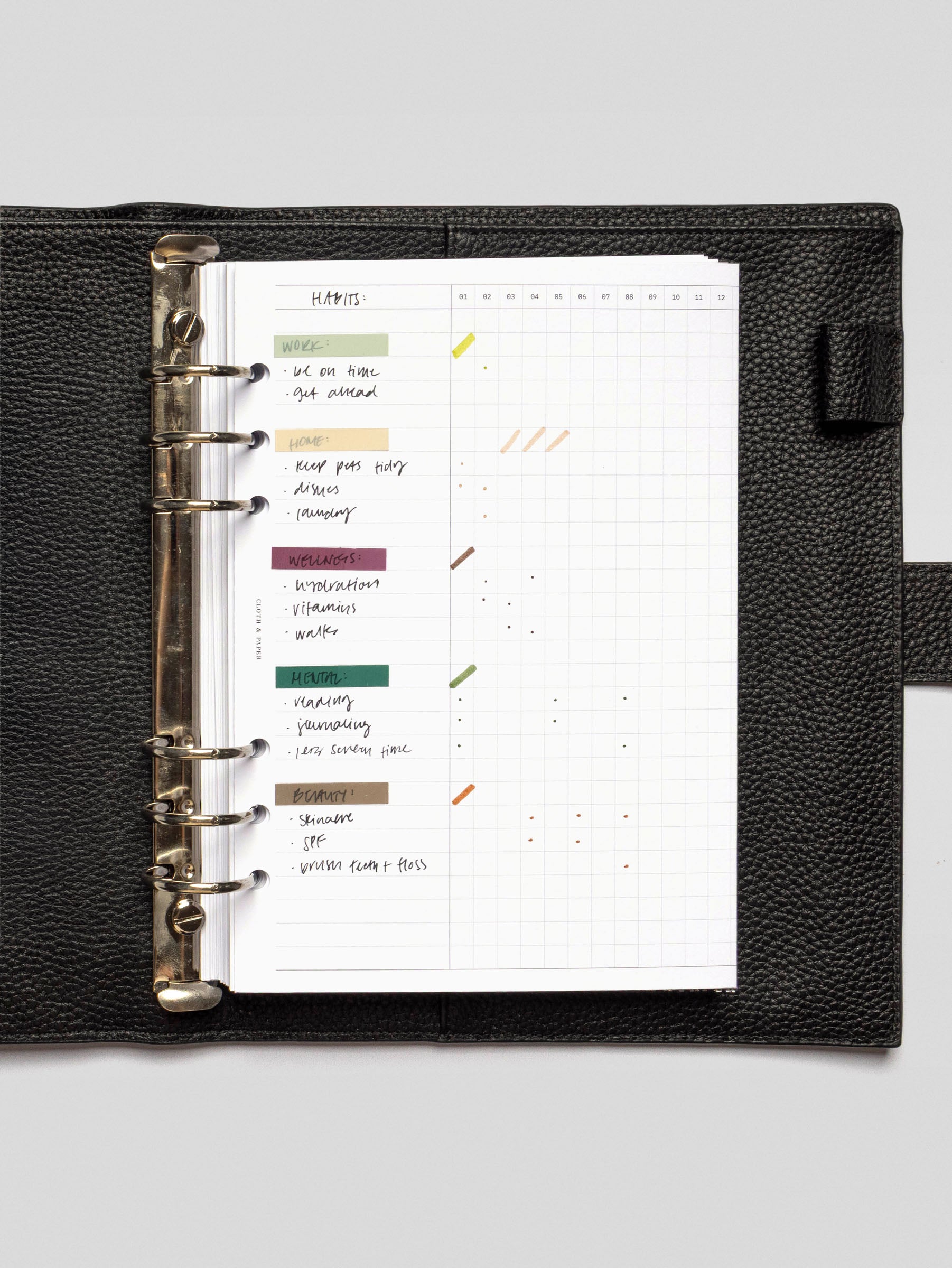 Habits Fold Out Planner Insert in A5 size shown in a black ring planner, filled in with handwritten categories and habit tasks organized by color-coded labels.