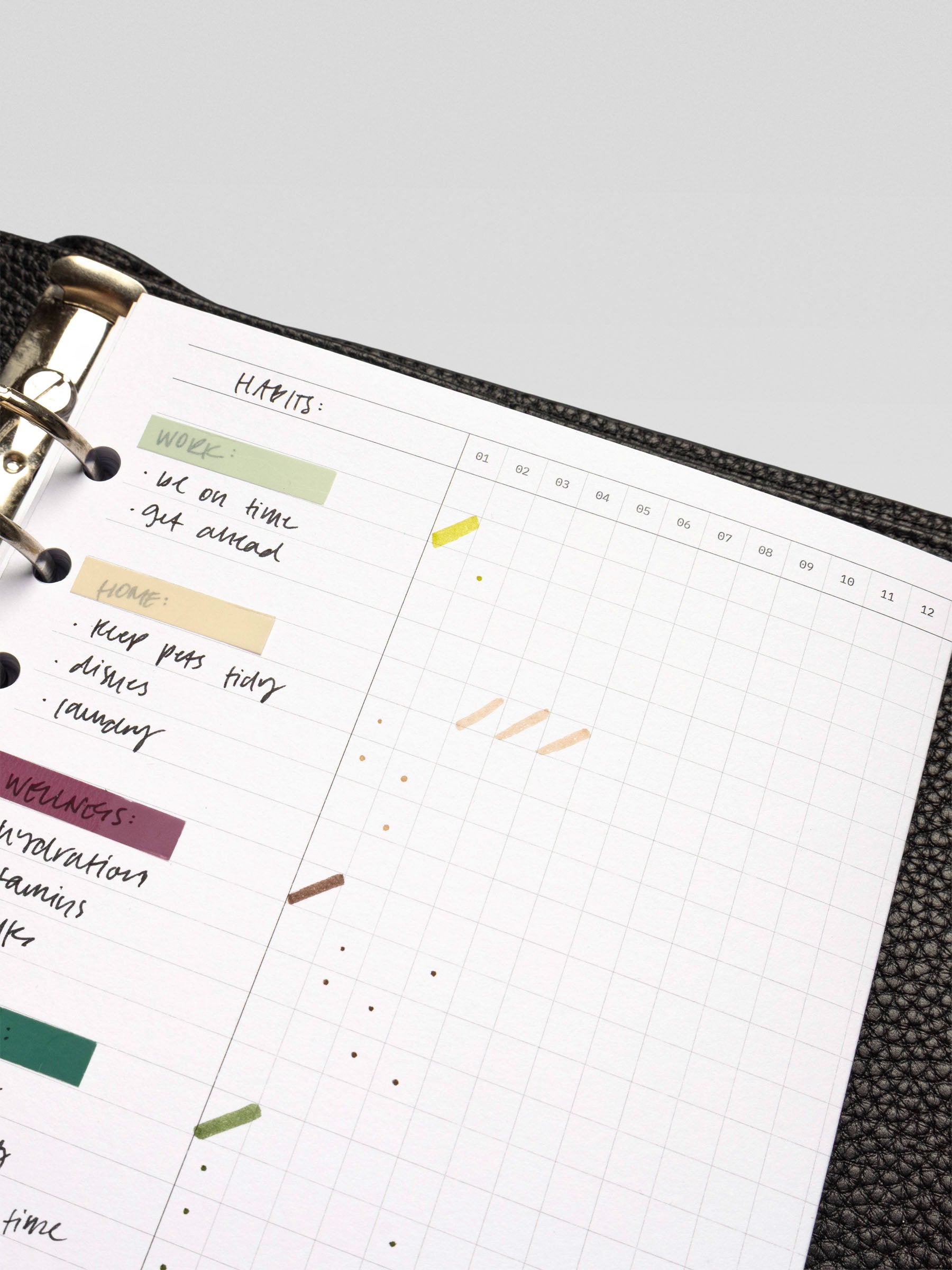 Close-up of the Habits Fold Out Planner Insert showing grid layout and habit tracker markings for each day of the month, with pastel labels and light dot markings.