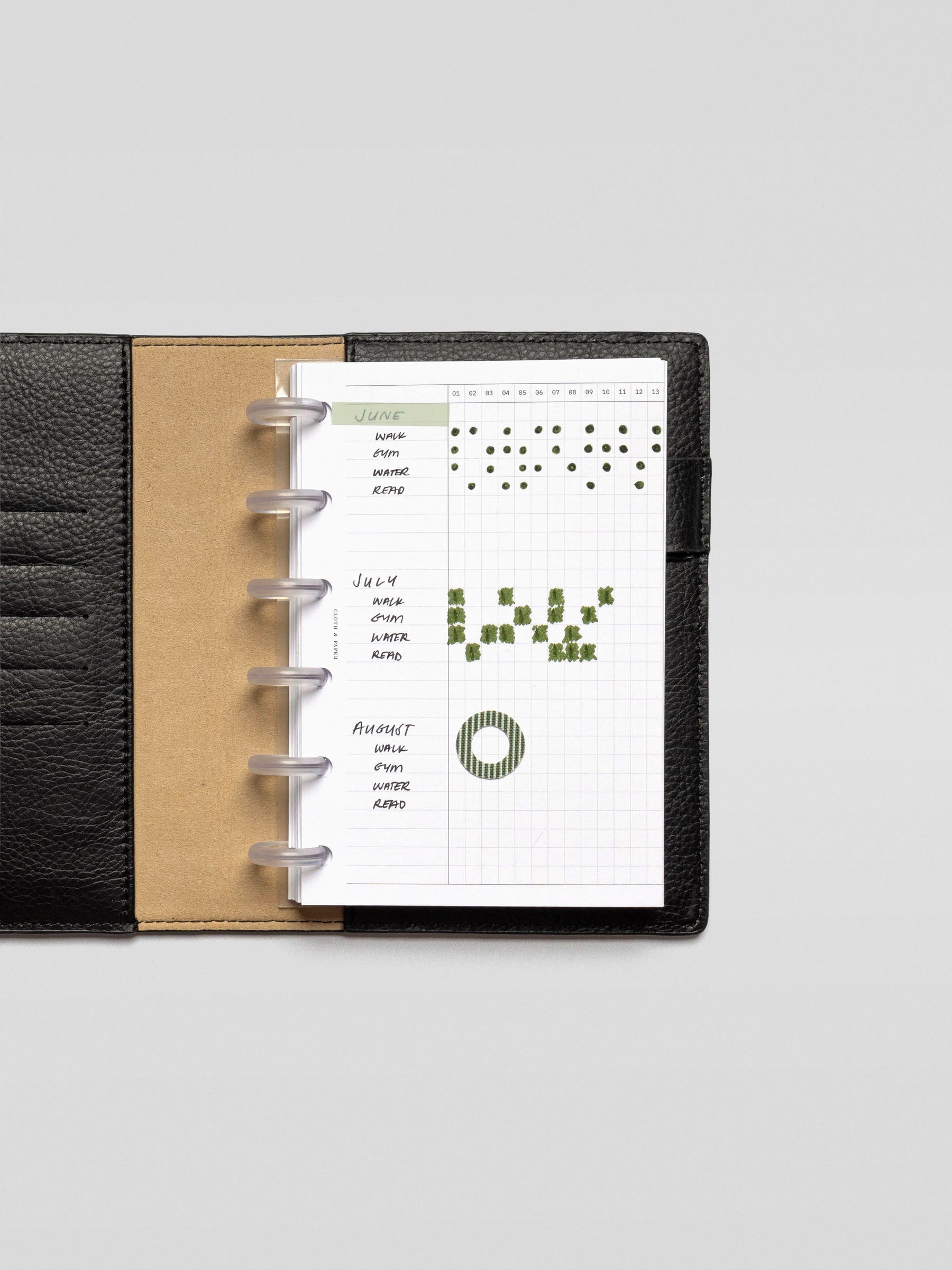 Habits Fold Out Planner Insert in CP Petite size shown in a discbound planner, with June, July, and August sections labeled and marked with green dots.