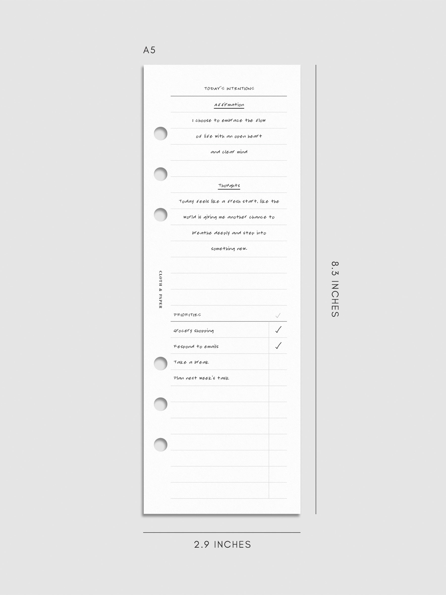 Digital mockup of insert on a neutral background. Size shown is A5.