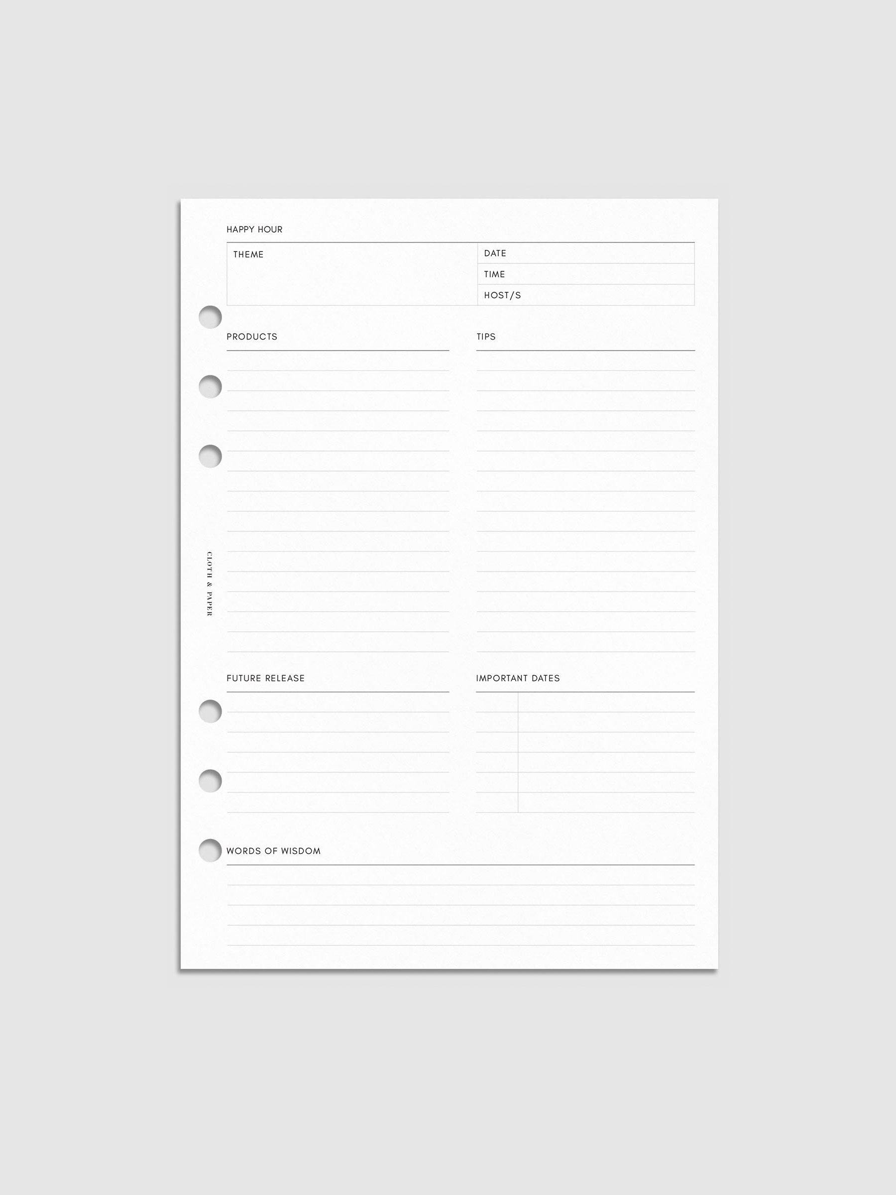 Mockup of Happy Hour Notes Inserts in A5 6-Ring