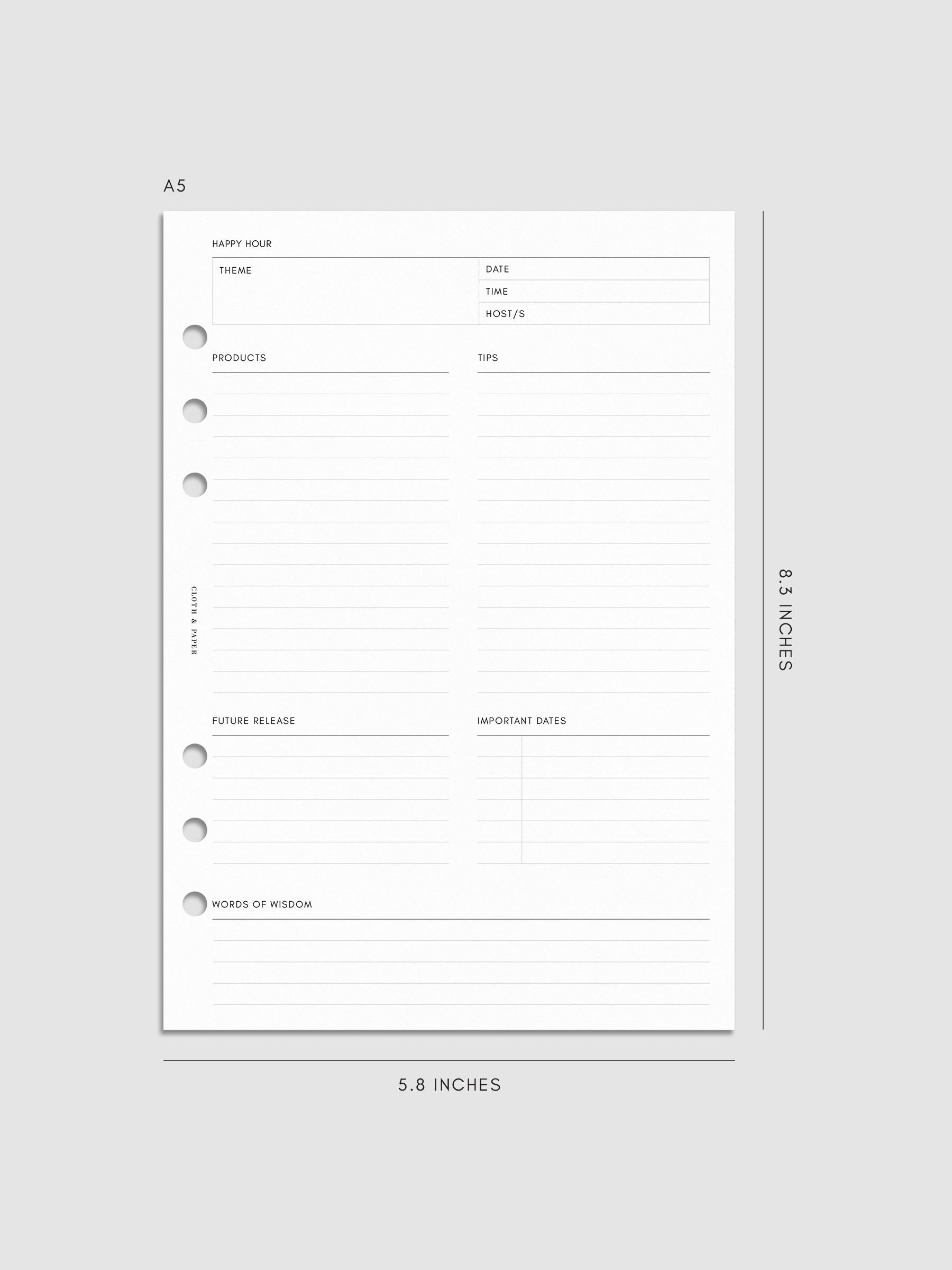 Mockup of Happy Hour Notes Inserts in A5 6-Ring