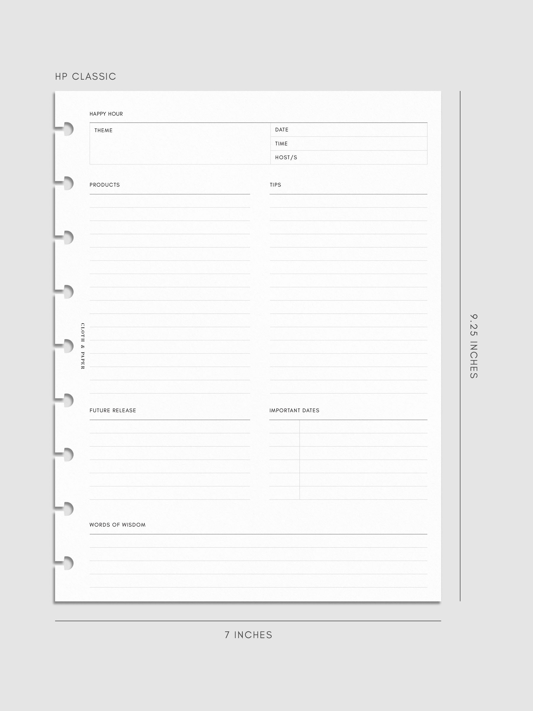 Mockup of Happy Hour Notes Inserts in HP Classic