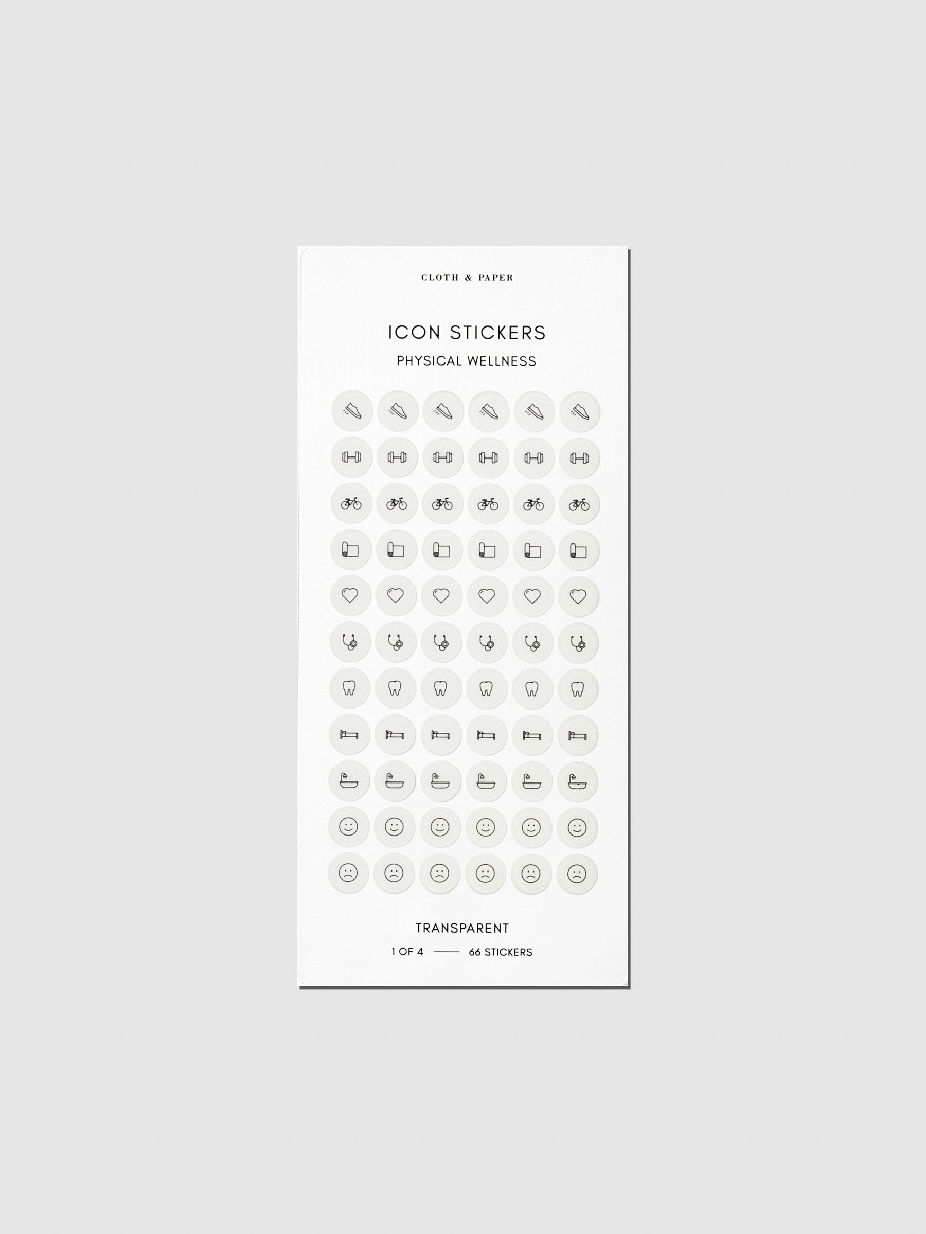 Grey physical wellness sticker sheet displayed on a neutral background. 