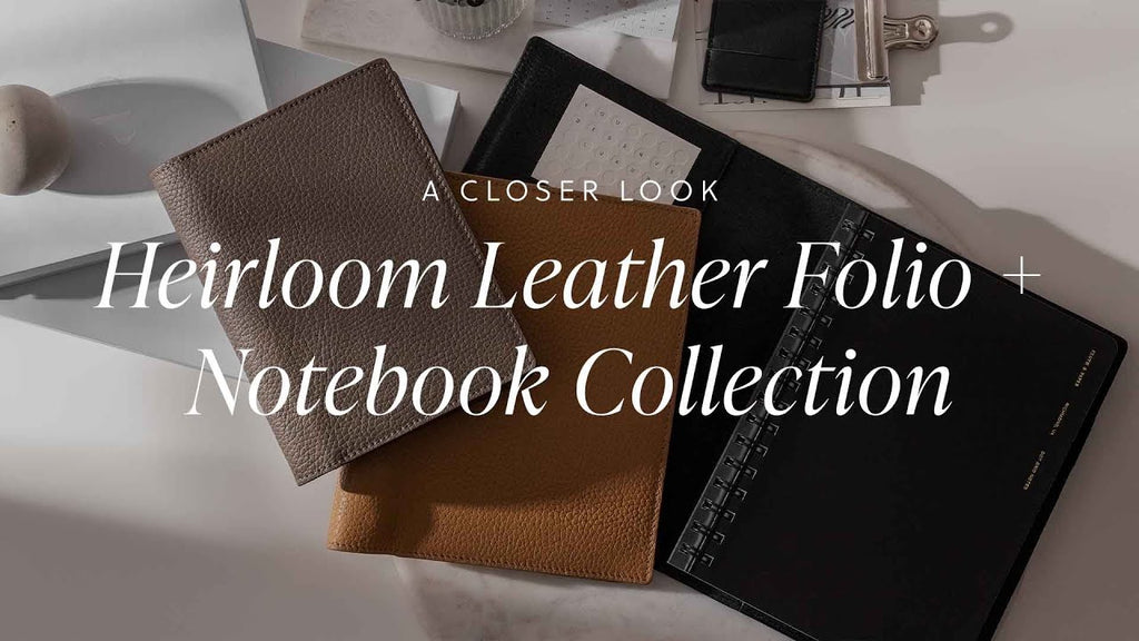 A thumbnail image for our video introducing the Heirloom Leather Folio Collection.  The overlay reads A closer Look, Heirloom Leather Folio + Notebook Collection.